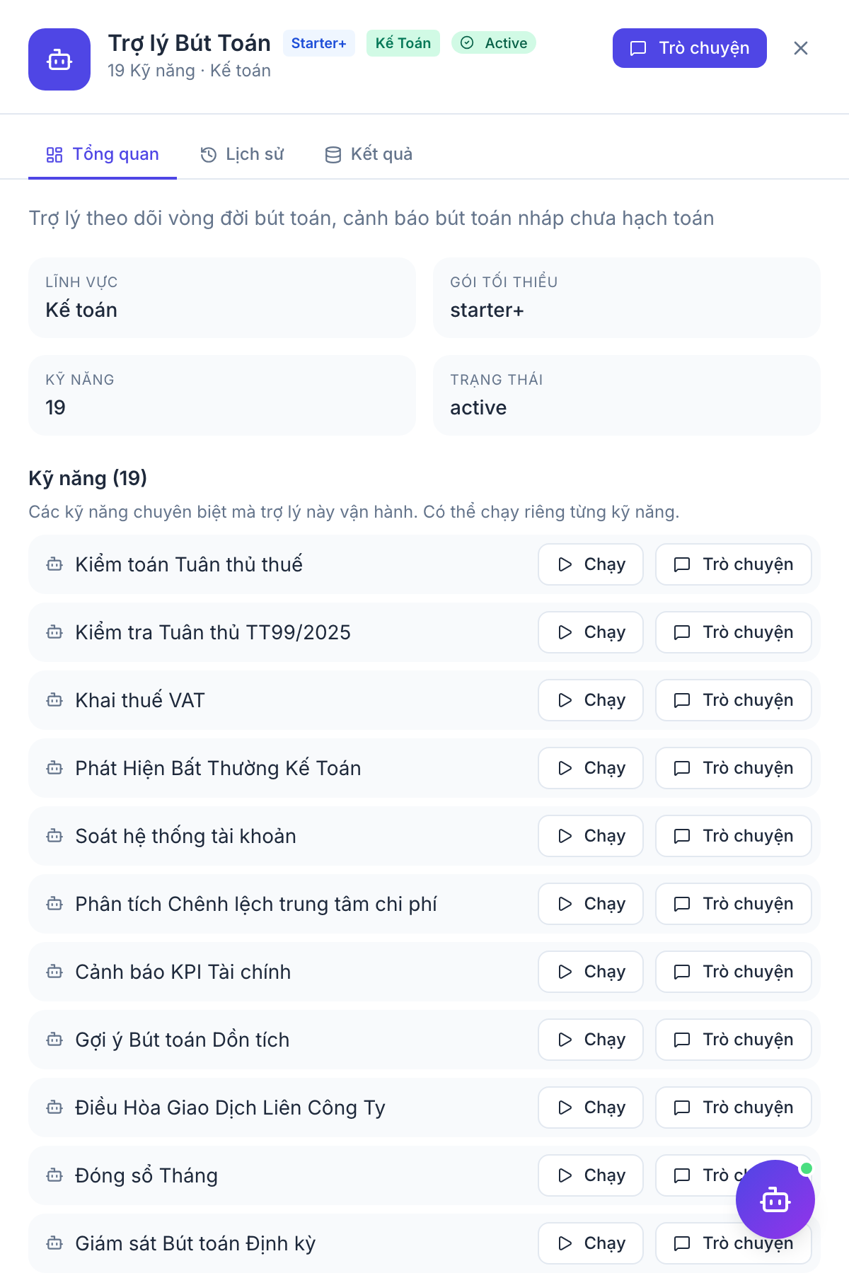Accountant Assistant — panel kết quả agent