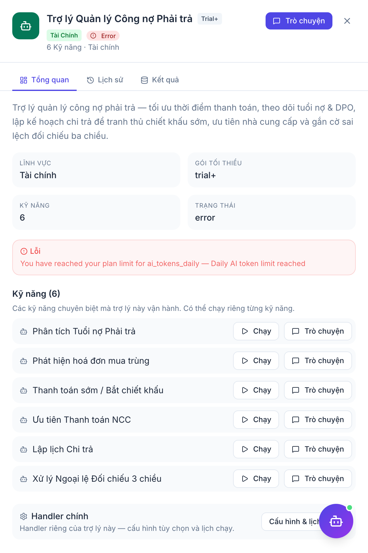 AP Manager — panel kết quả agent