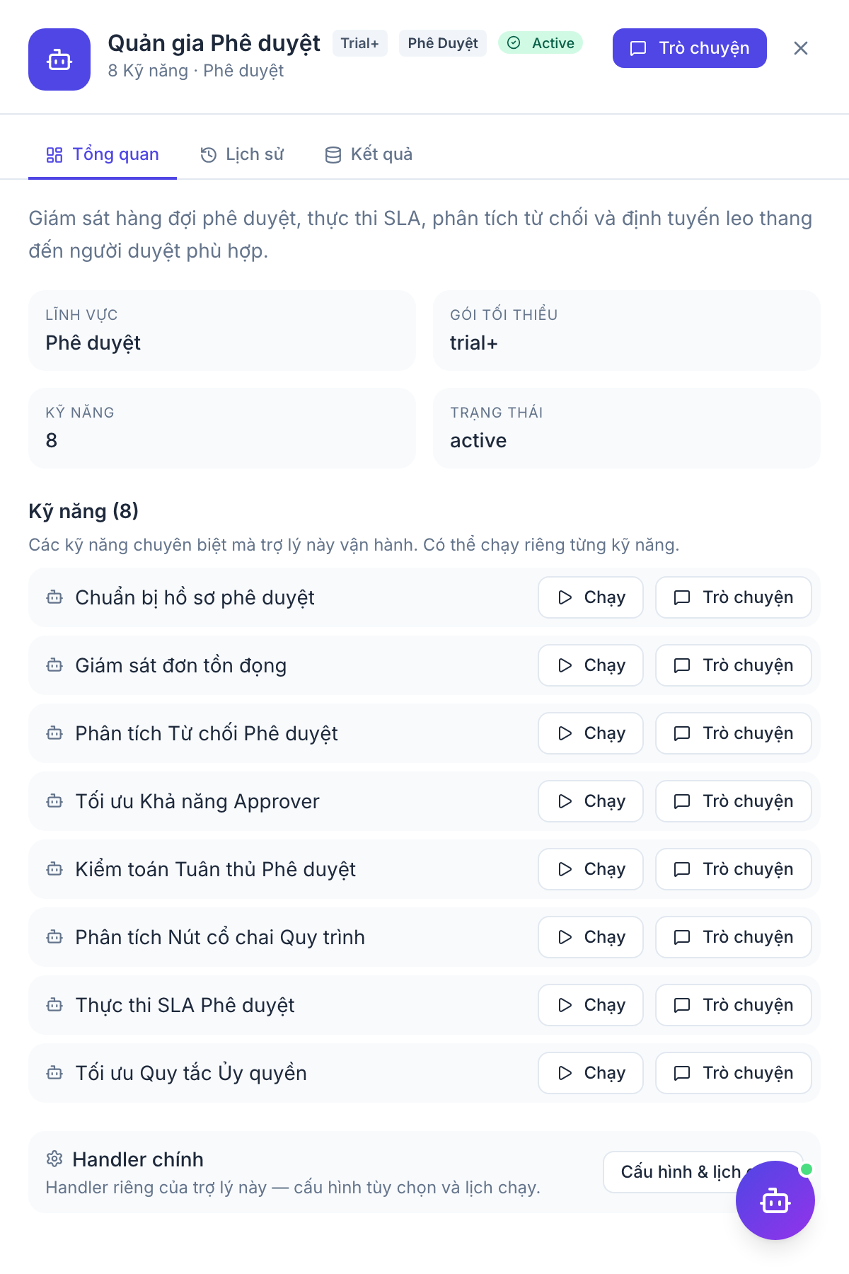 Approvals Steward — panel kết quả agent