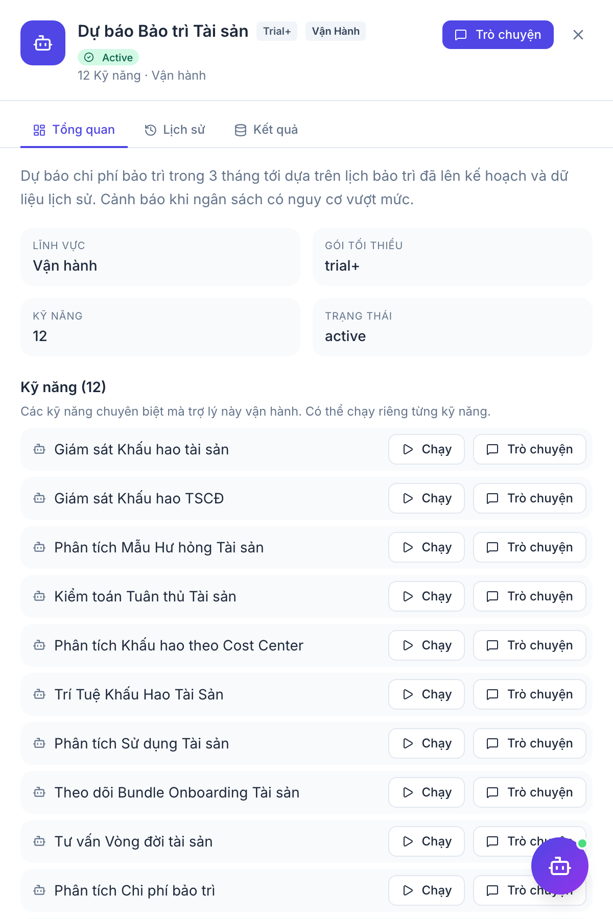 Asset Manager — panel kết quả agent