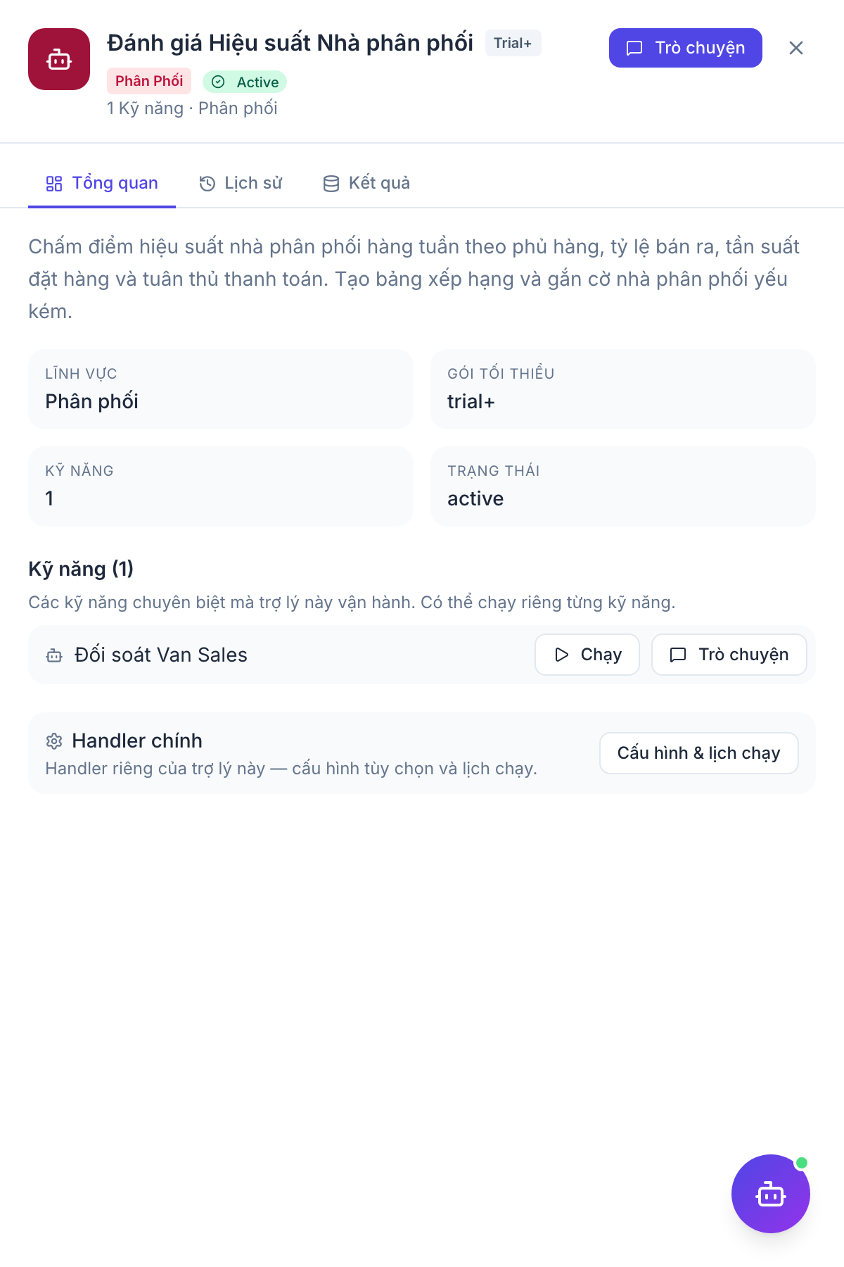 Distribution Manager — panel kết quả agent