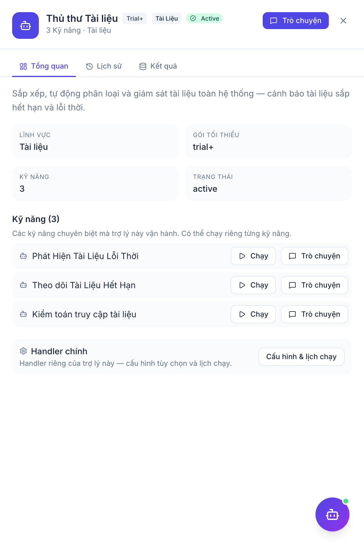 Documents Librarian — panel kết quả agent