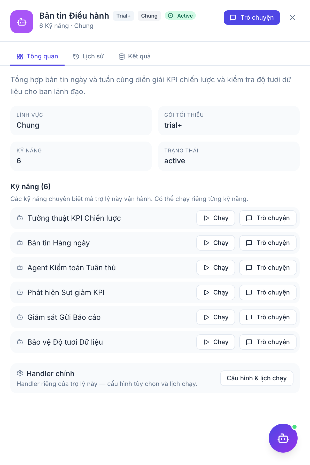 Exec Briefing — panel kết quả agent