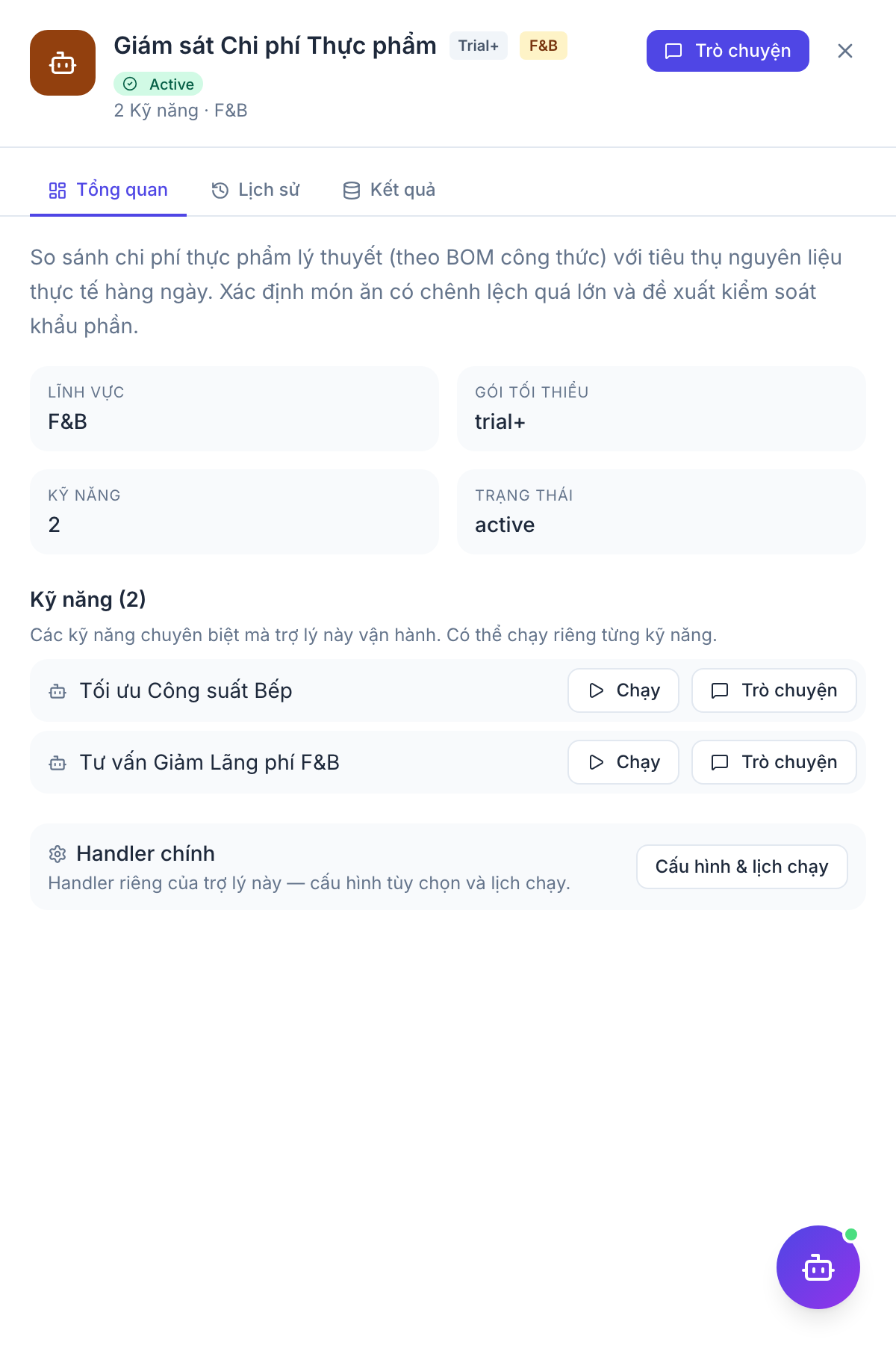 F&B Ops — panel kết quả agent