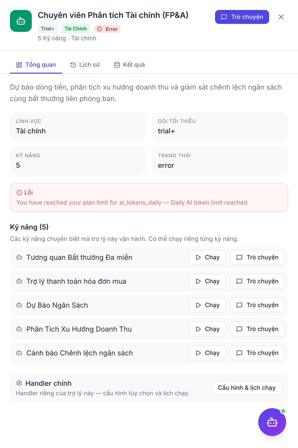 FP&A Analyst — panel kết quả agent