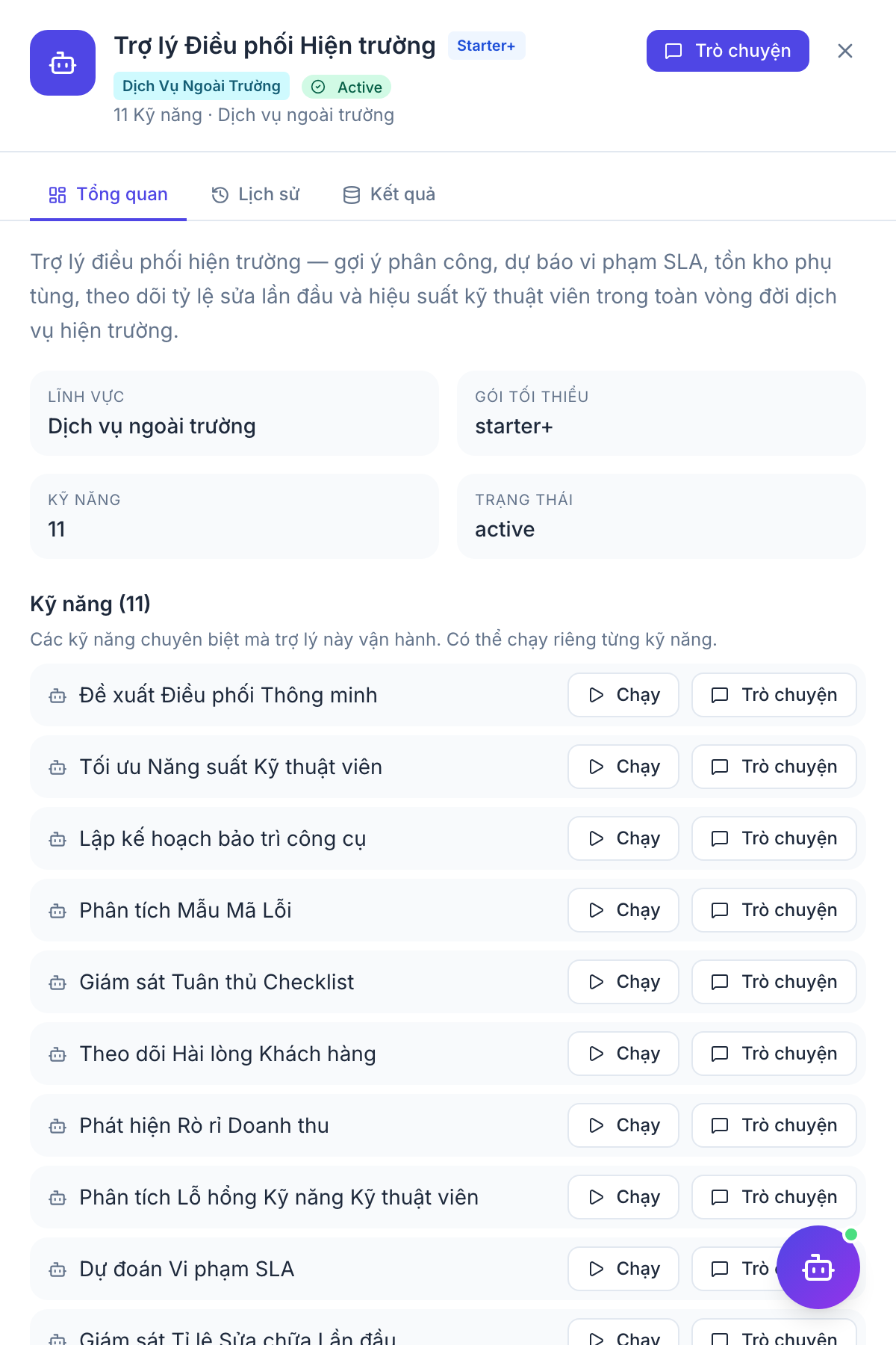 Field Service Dispatcher — panel kết quả agent