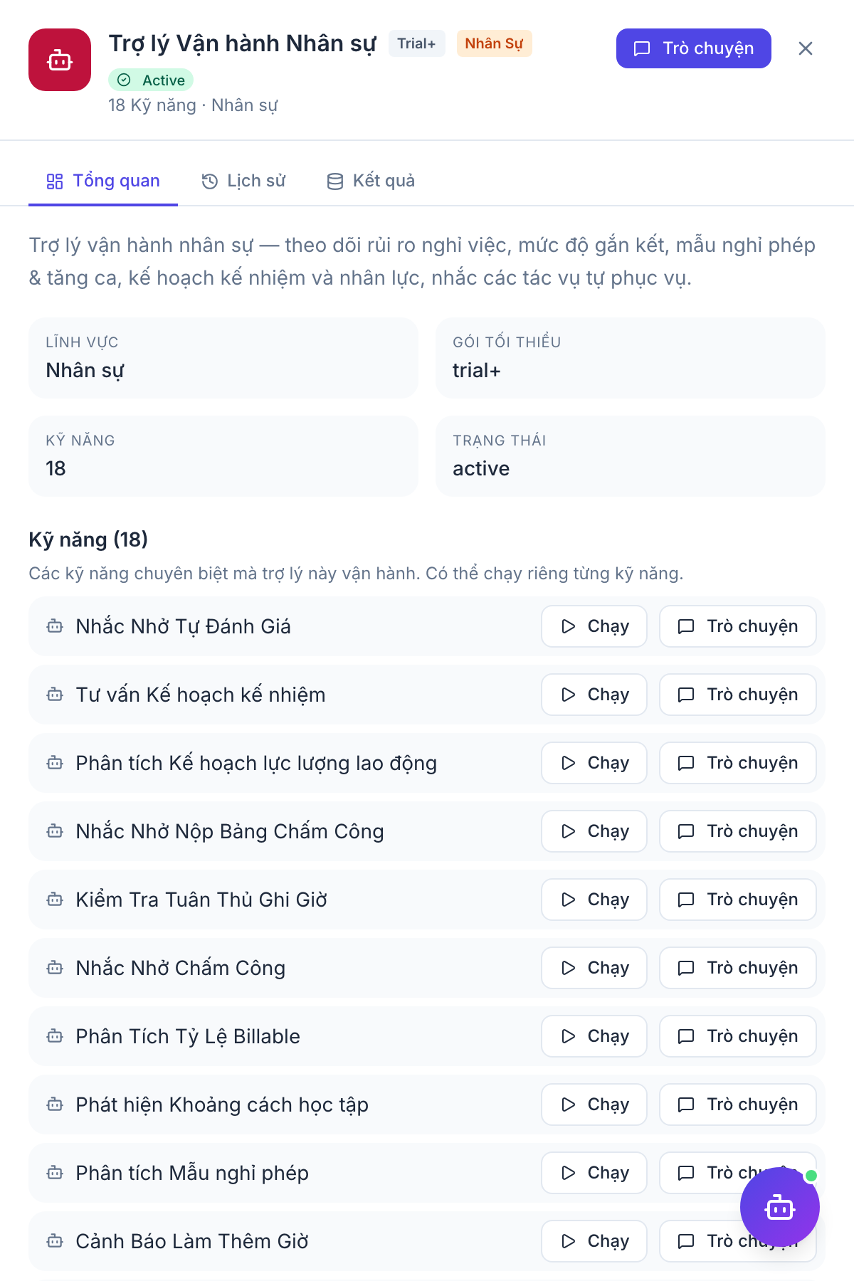 HR Ops — panel kết quả agent