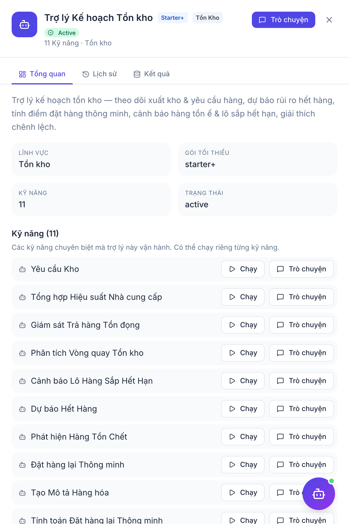 Inventory Planner — panel kết quả agent