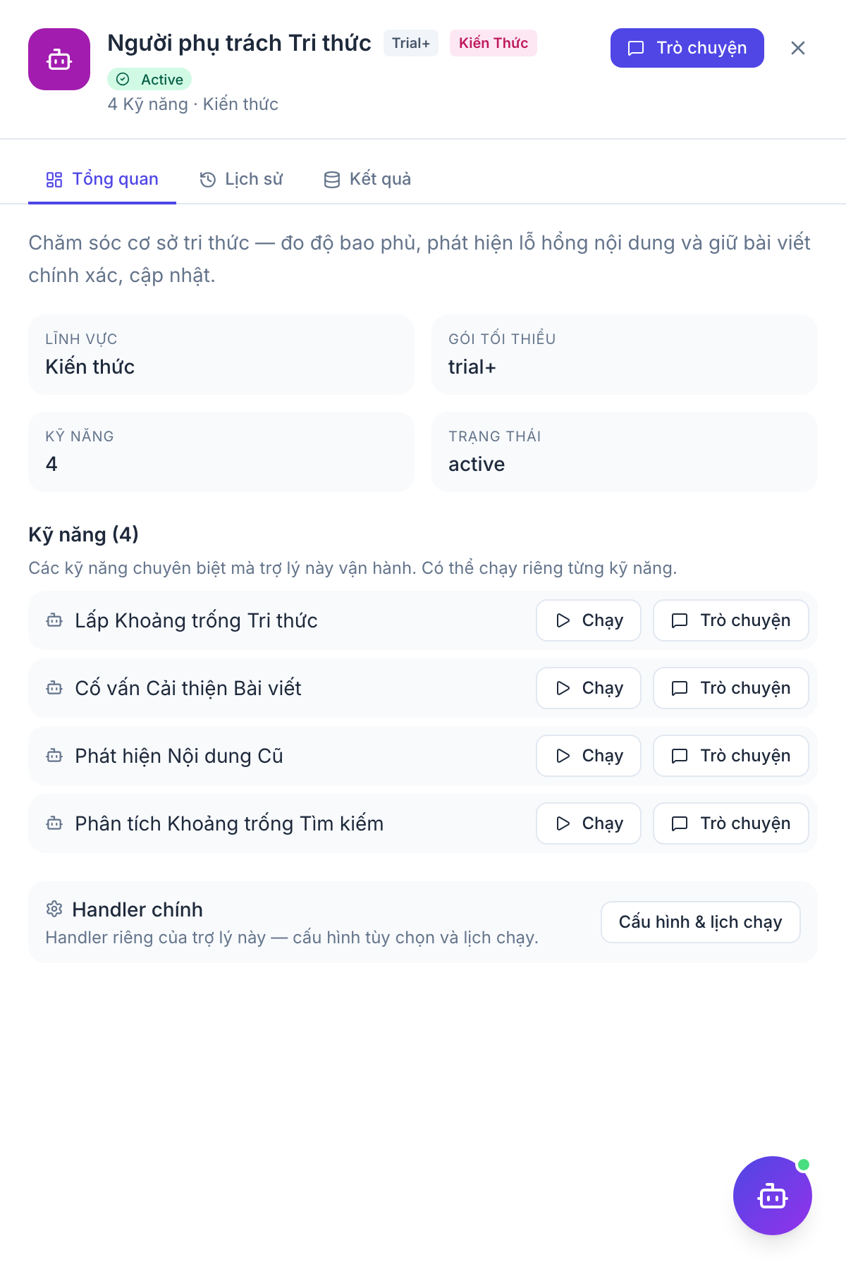 Knowledge Curator — panel kết quả agent