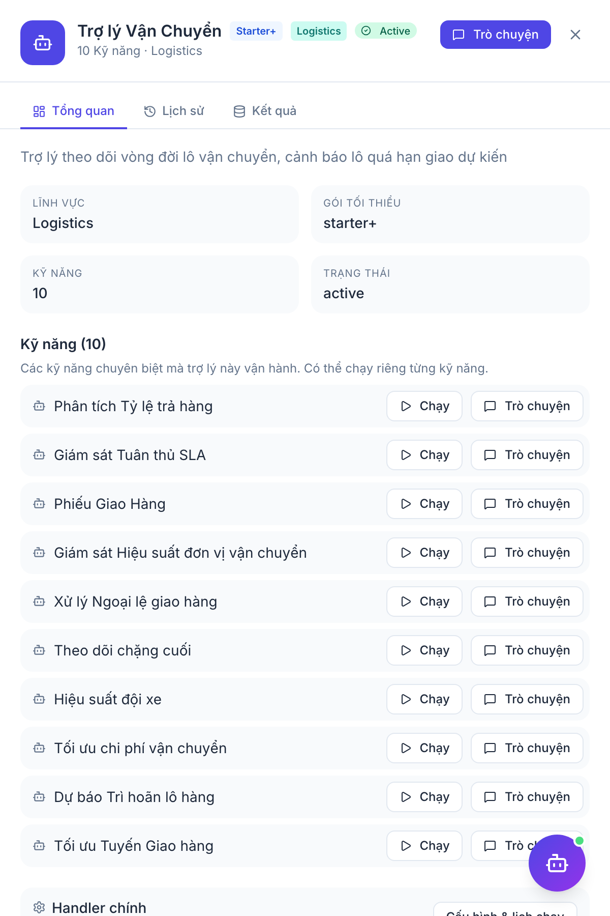 Logistics Coordinator — panel kết quả agent