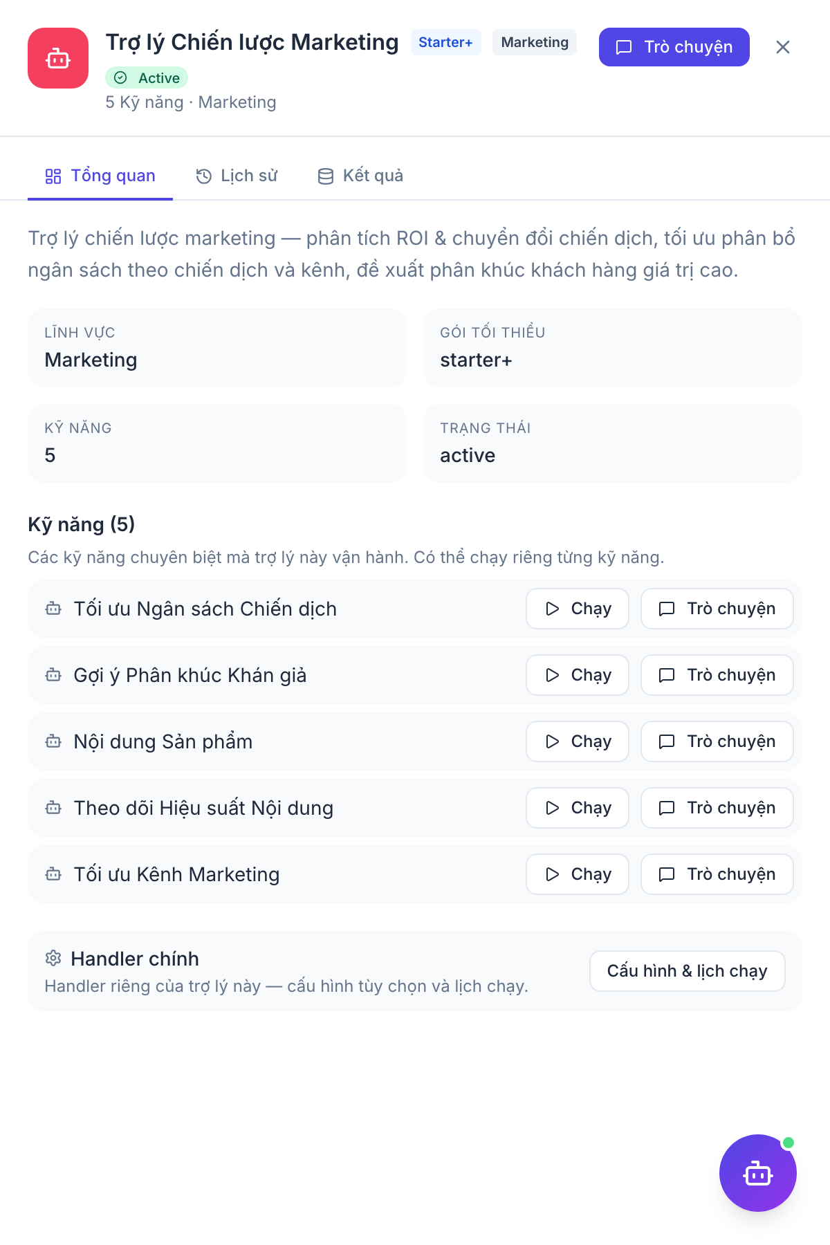 Marketing Strategist — panel kết quả agent