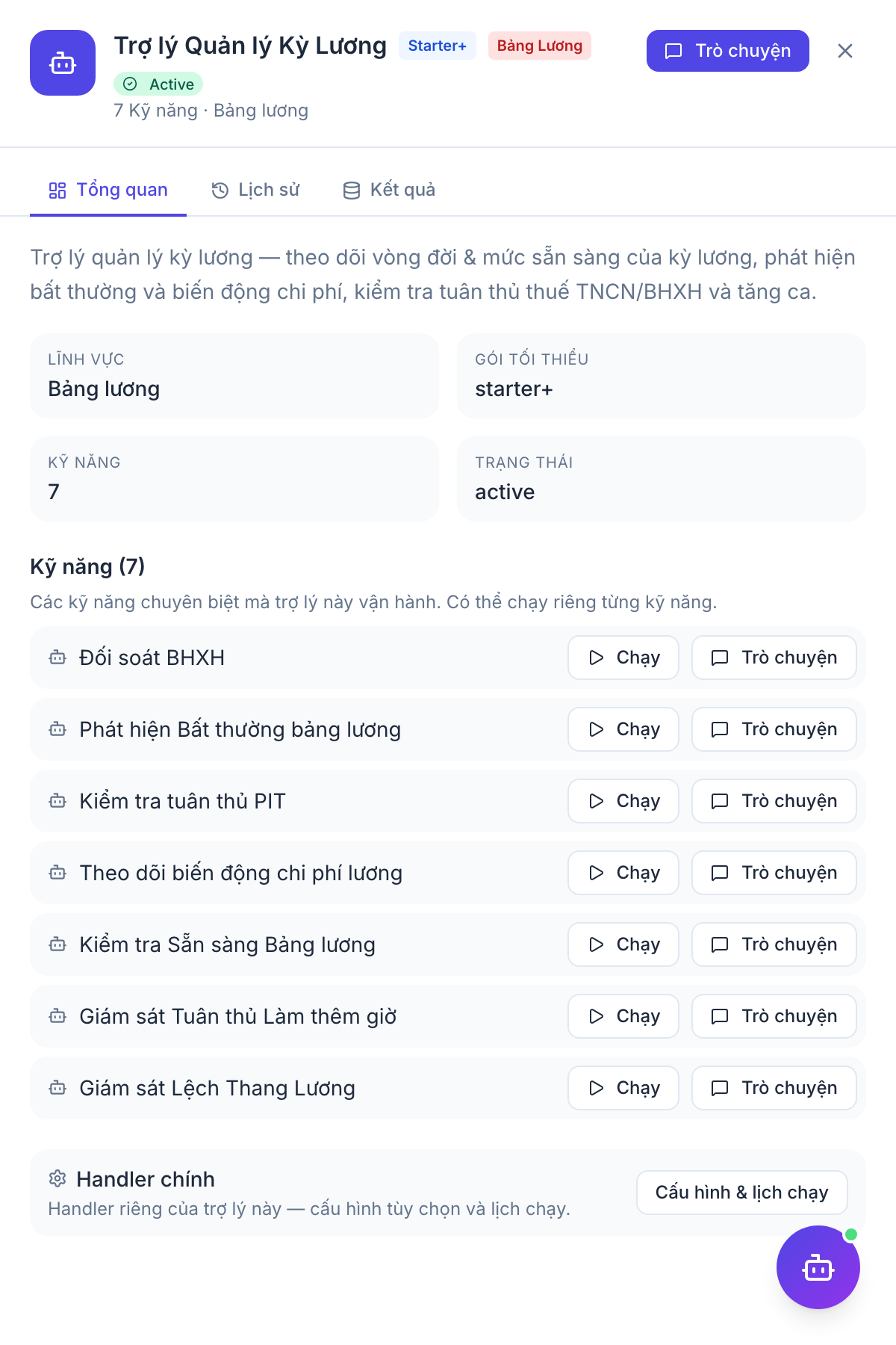 Payroll Assistant — panel kết quả agent