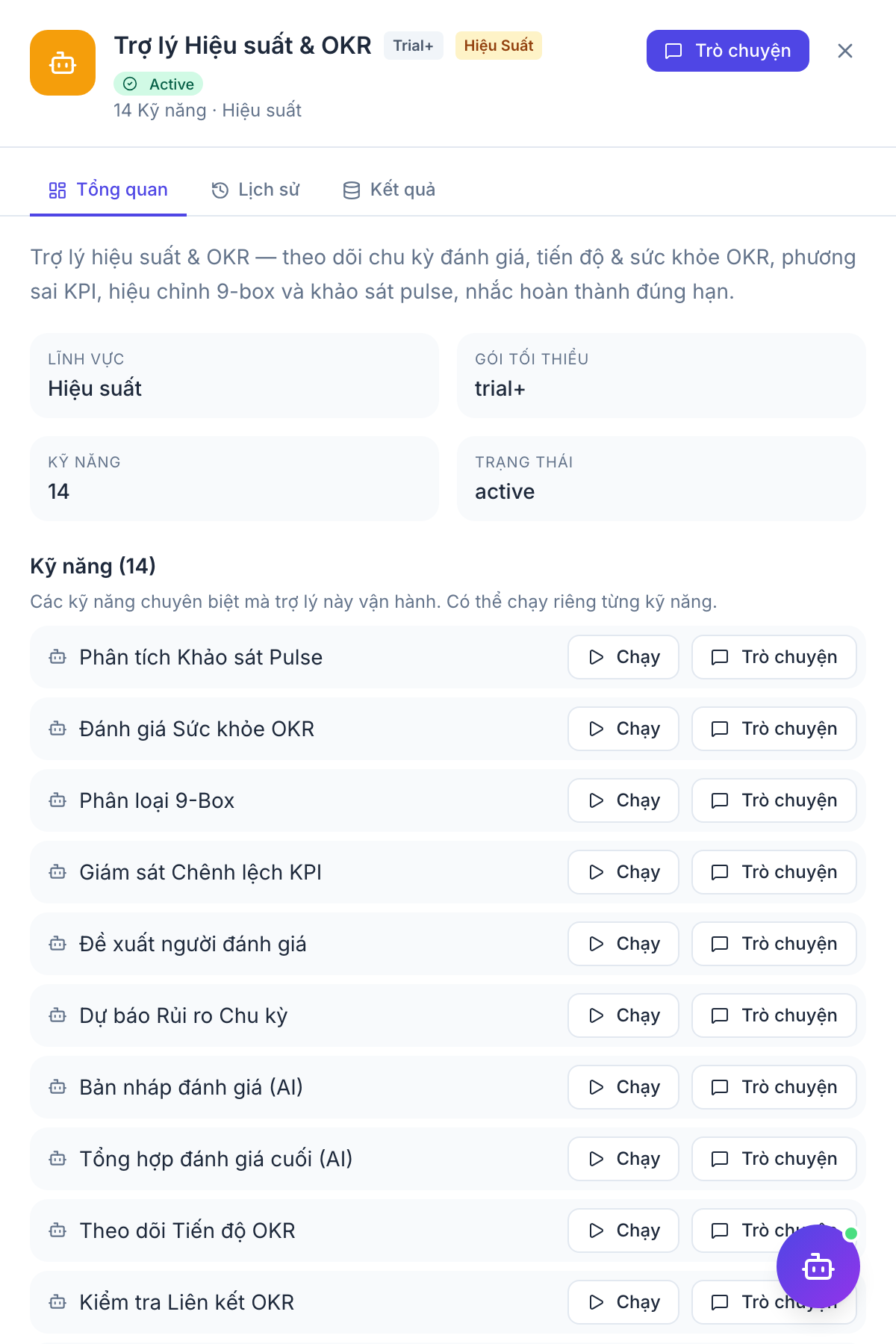Performance & OKR Coach — panel kết quả agent