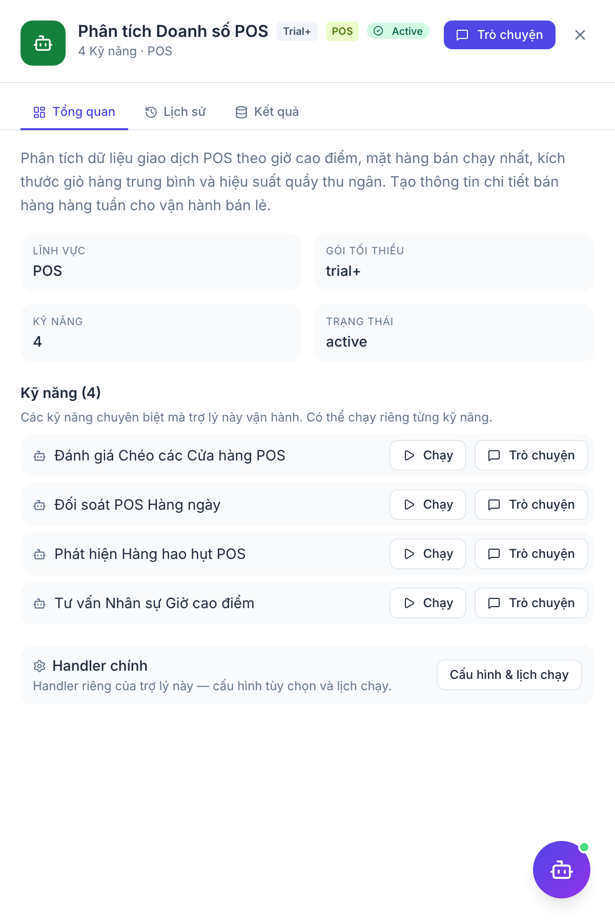 POS Manager — panel kết quả agent