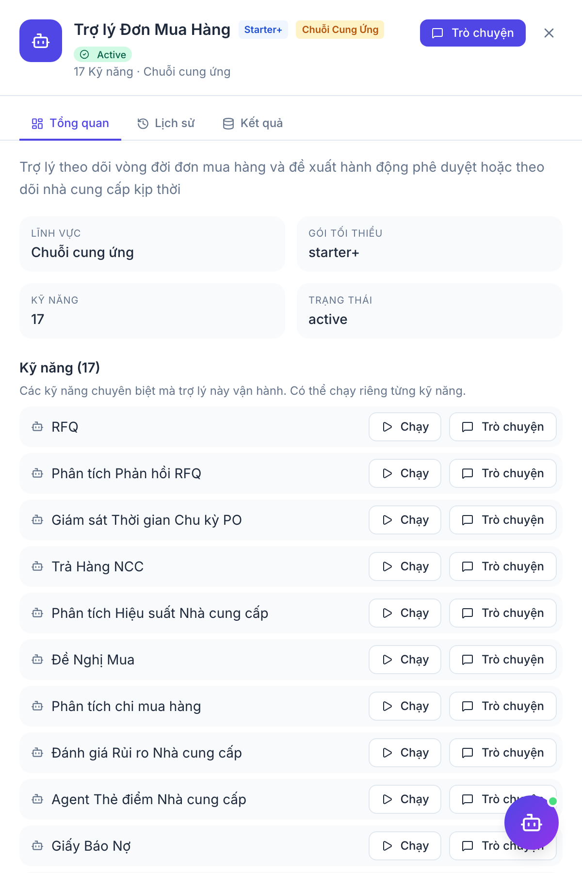Procurement Assistant — panel kết quả agent