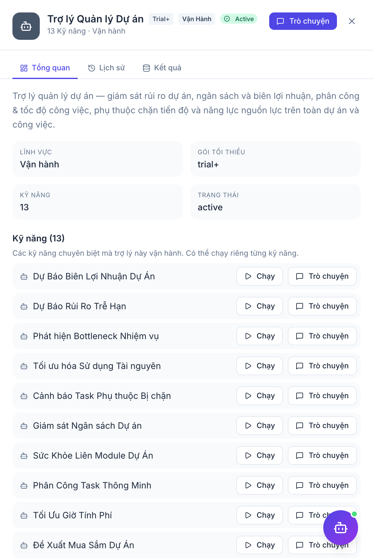 Project PM — panel kết quả agent
