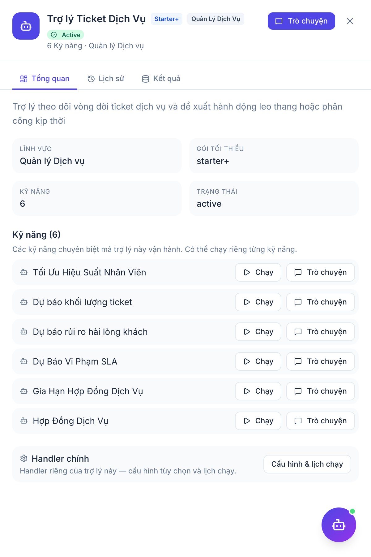 Support Concierge — panel kết quả agent