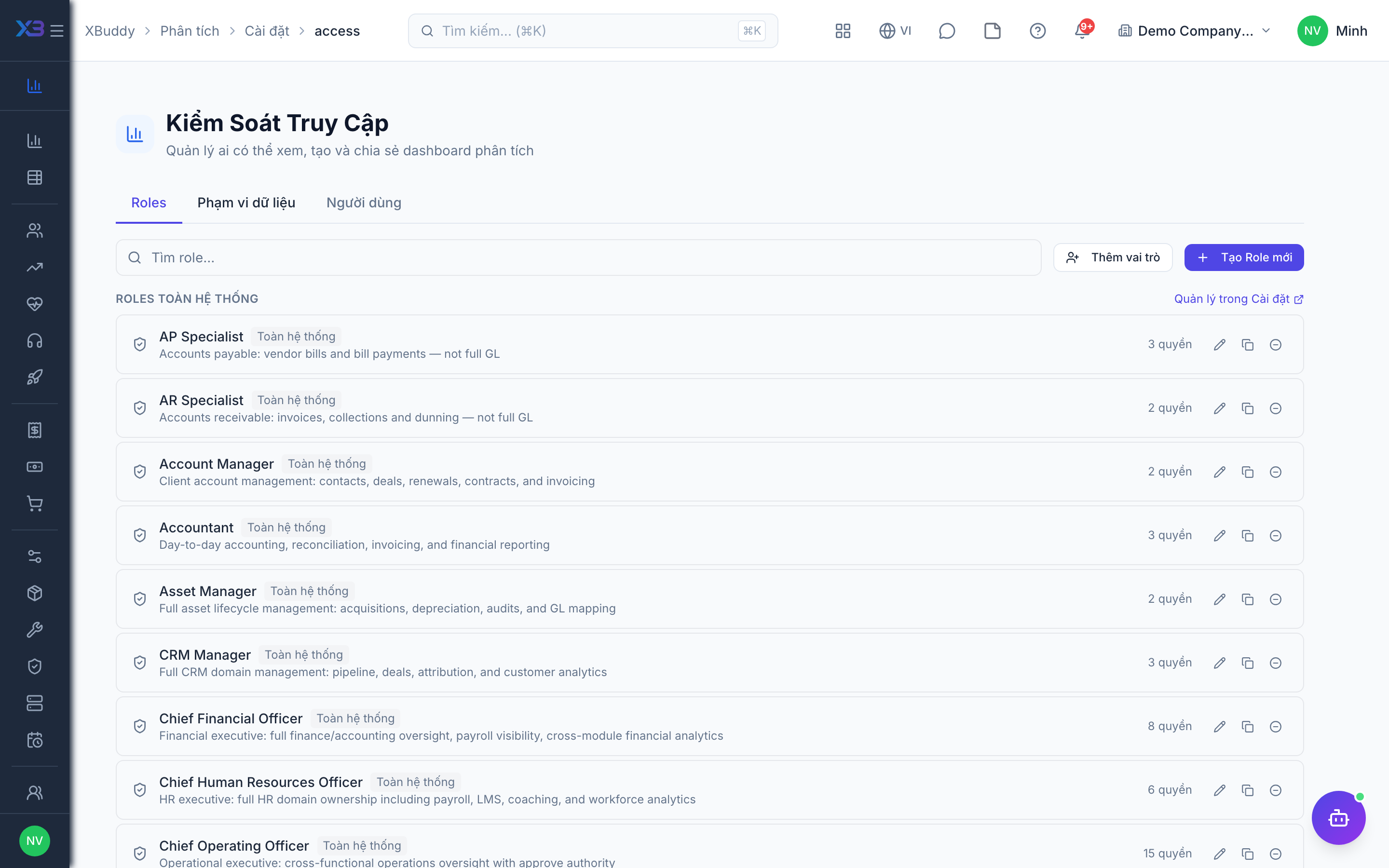 Analytics — report access settings by role and user