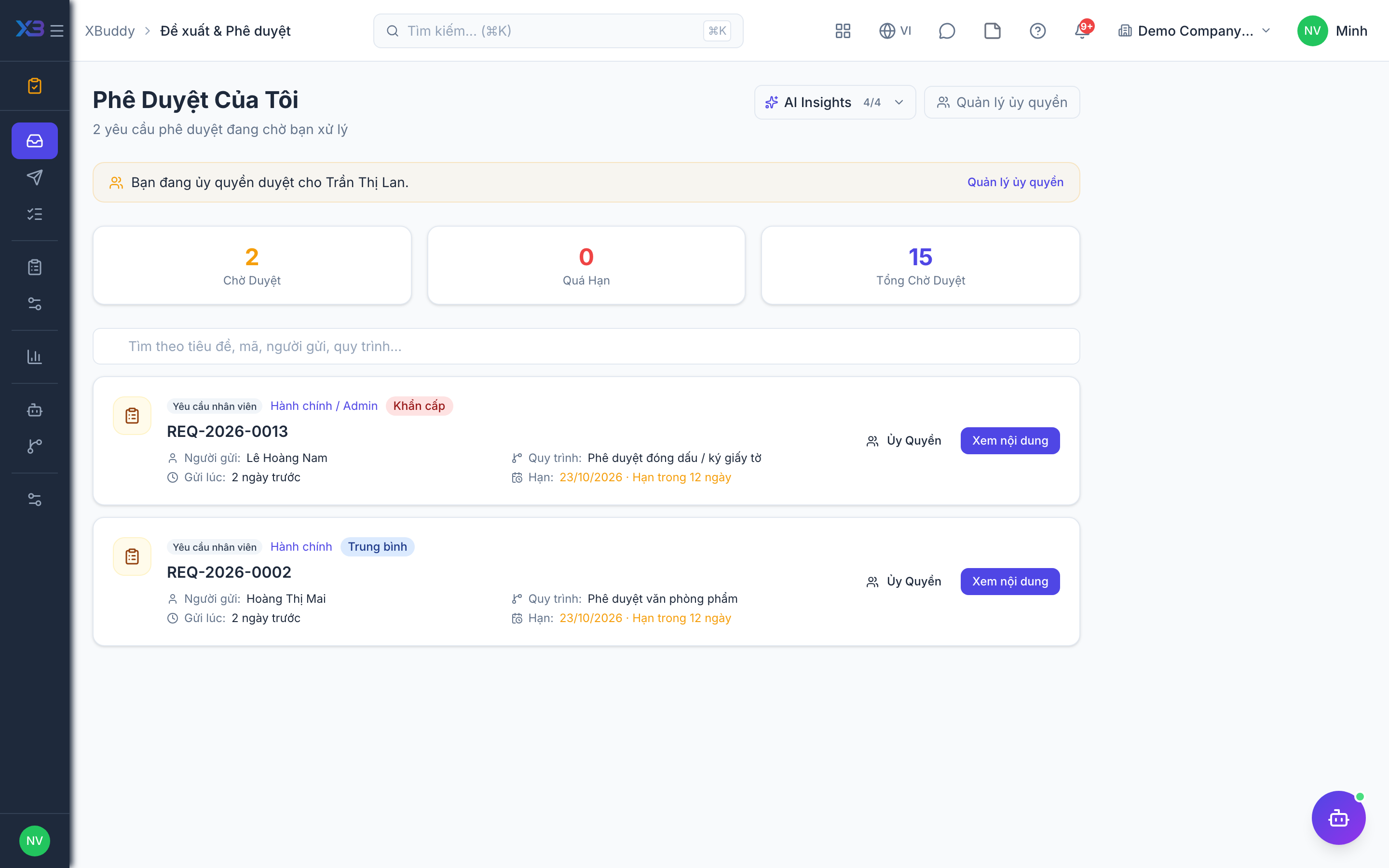 Approvals — My Tasks queue awaiting decisions