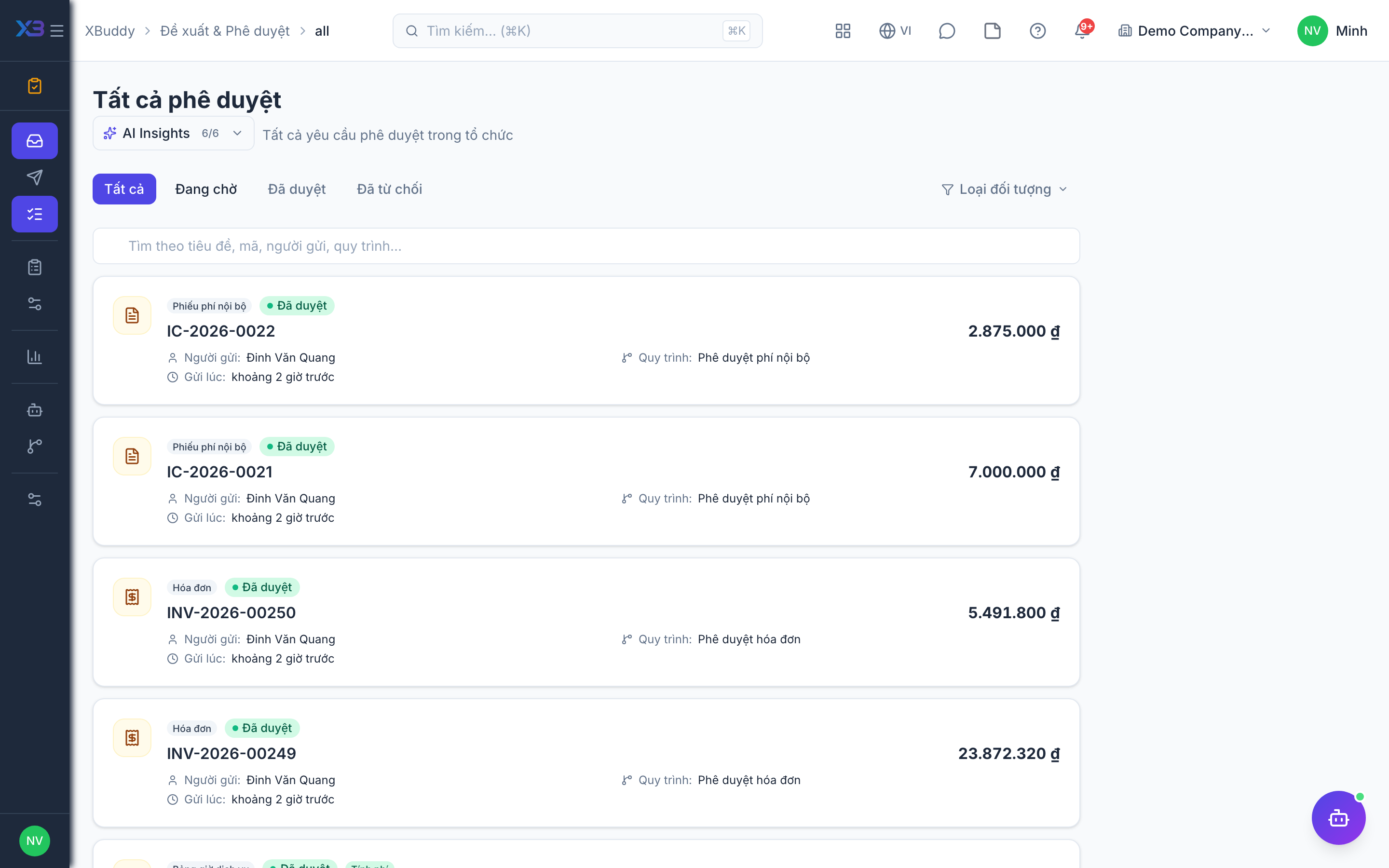 Approvals — Sent requests with status and current approver