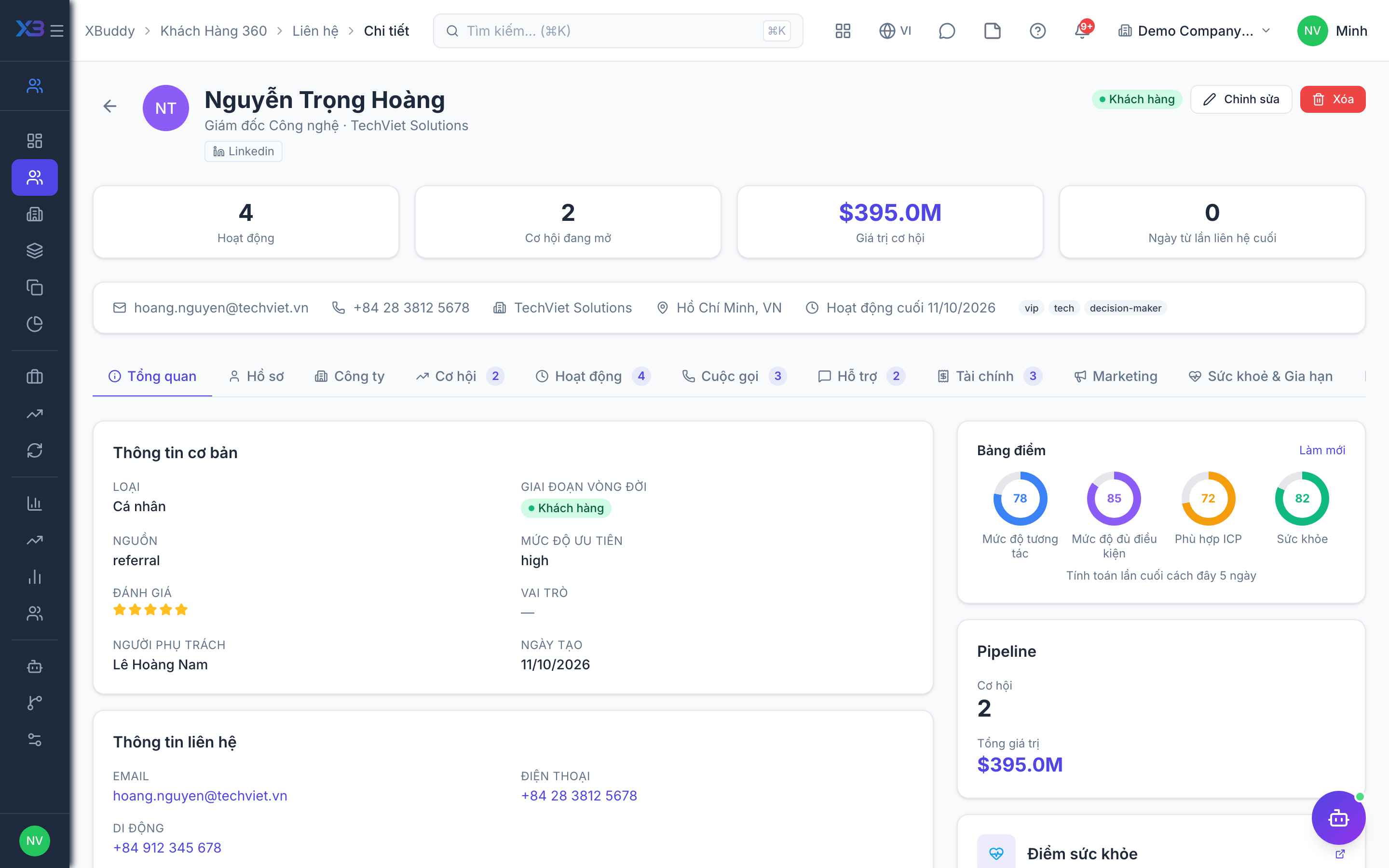 CRM — Chi tiết liên hệ với timeline hoạt động