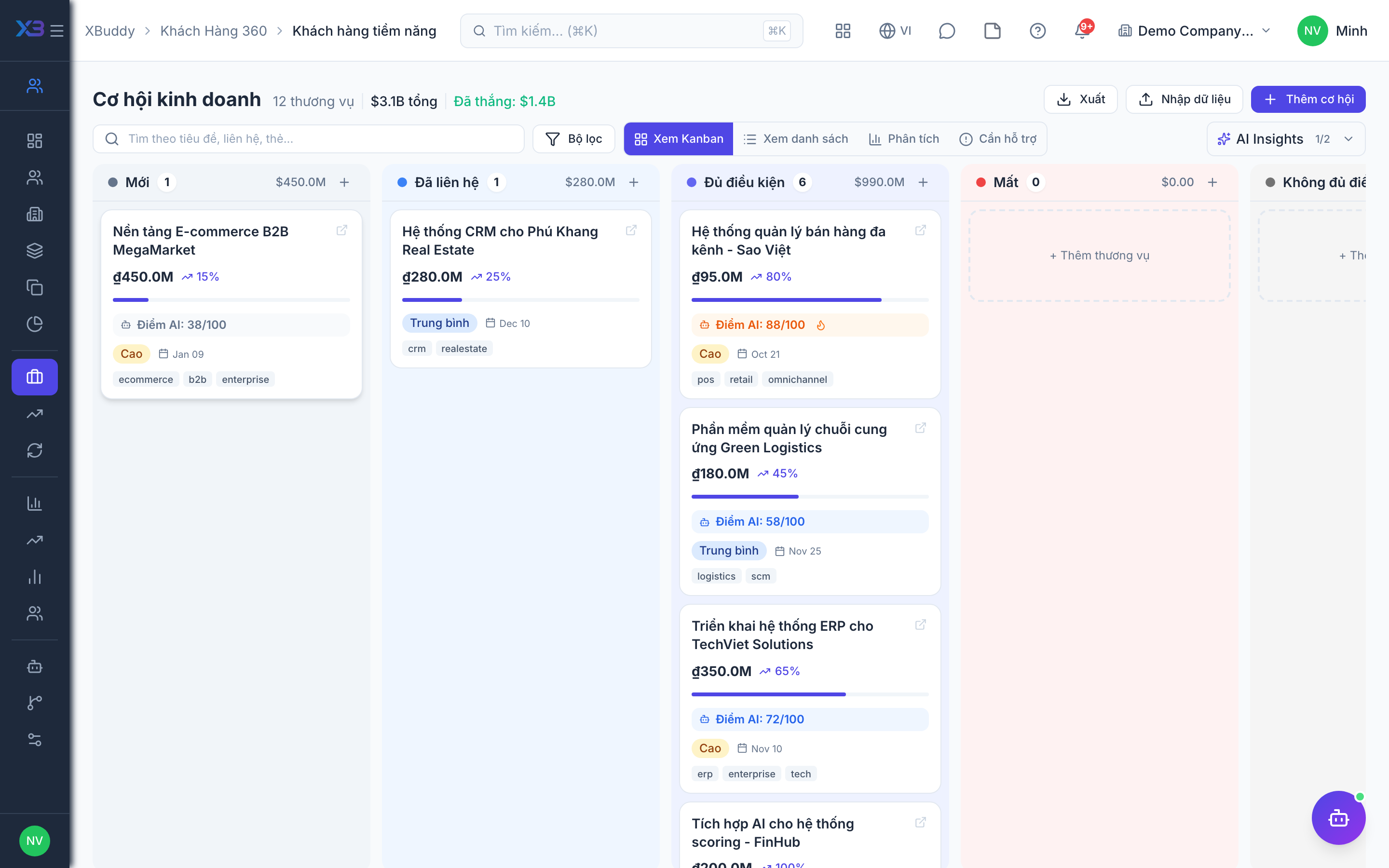 CRM — Bảng Kanban pipeline khách hàng tiềm năng