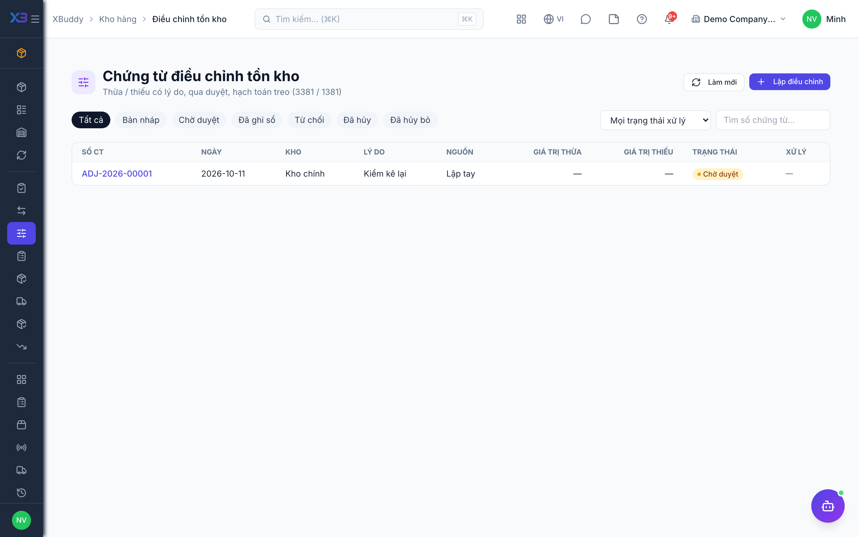Inventory — Stock adjustments list with approval status