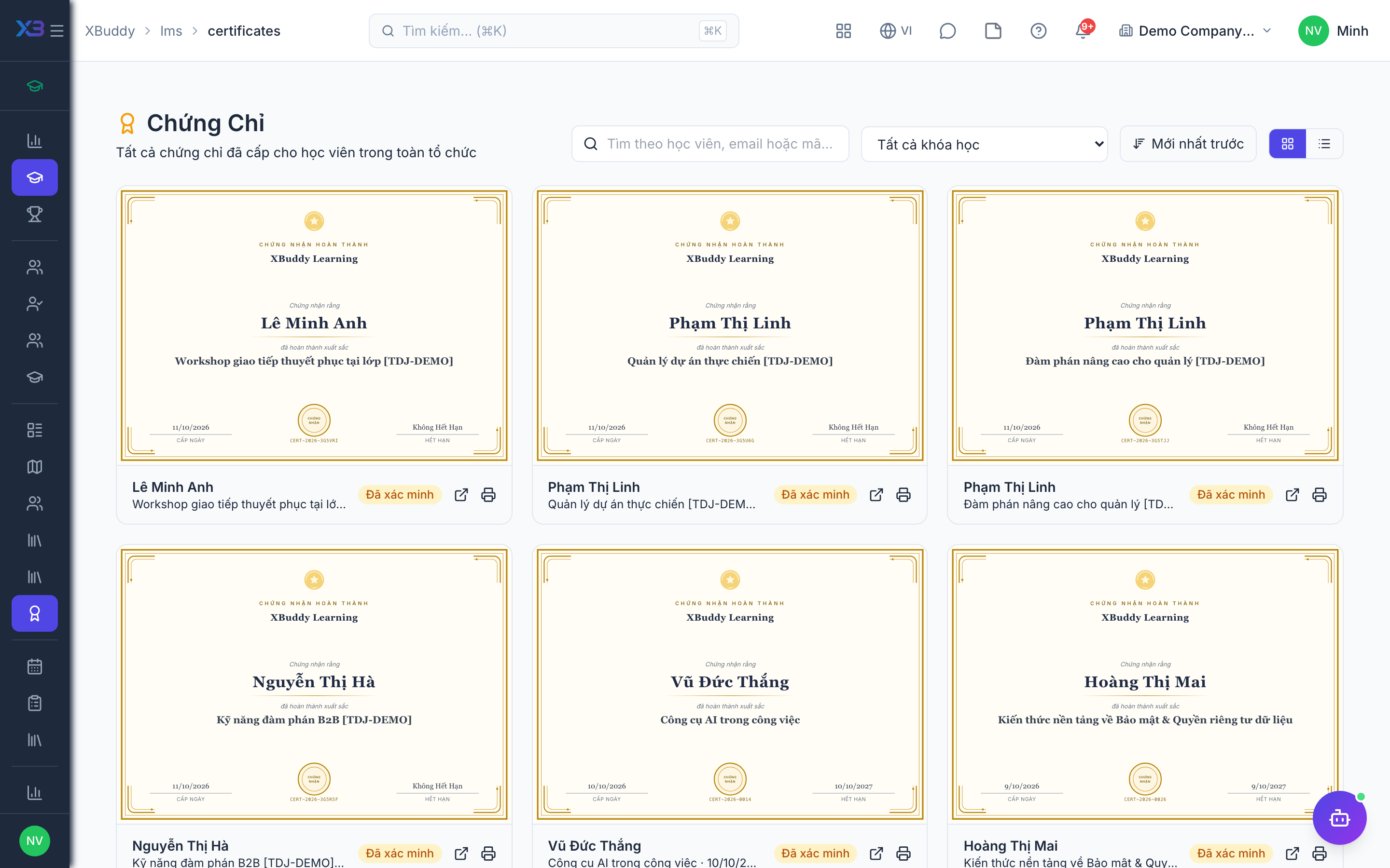 LMS — Chứng chỉ đã cấp với ngày hết hạn