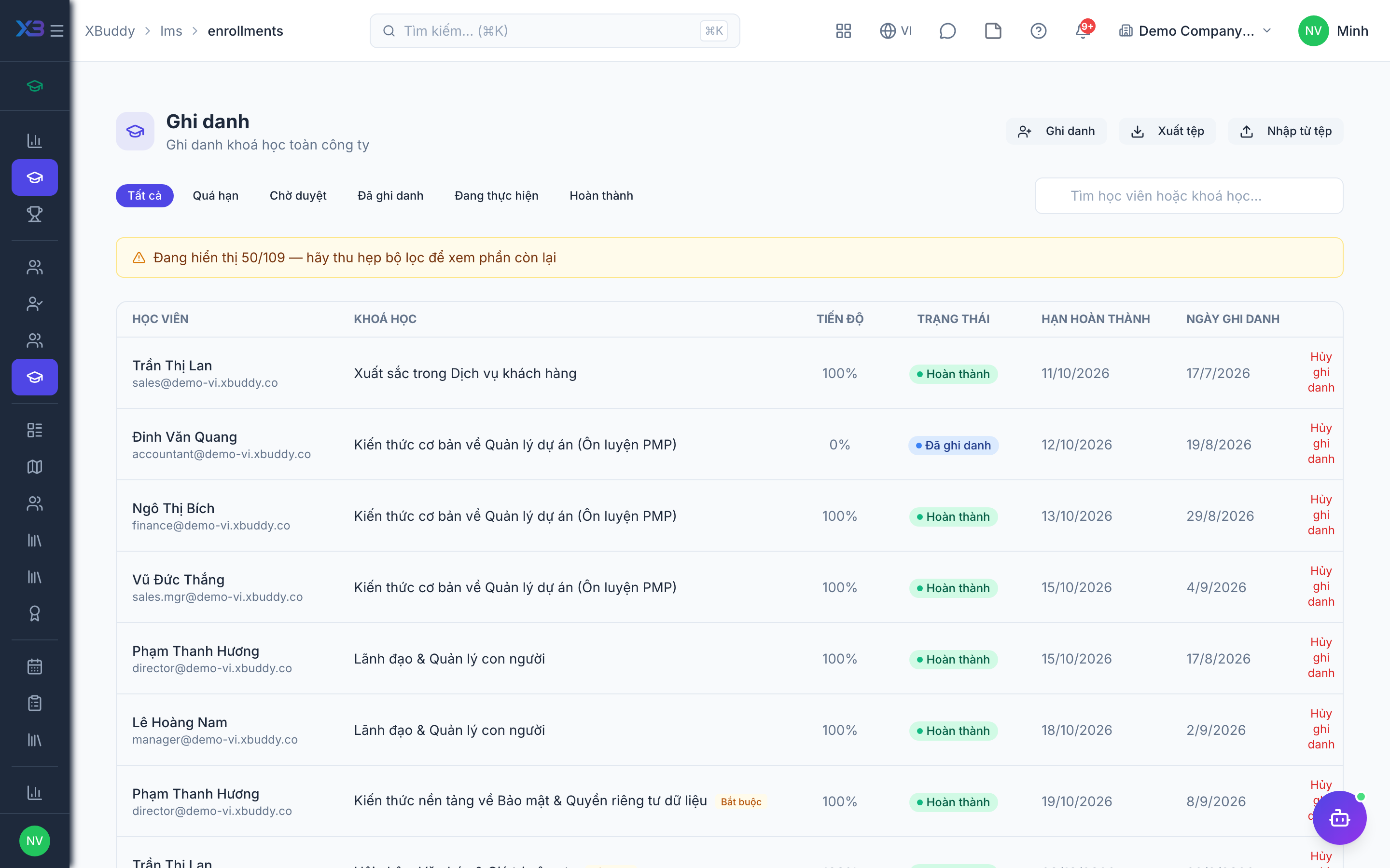 LMS — Danh sách ghi danh với trạng thái duyệt