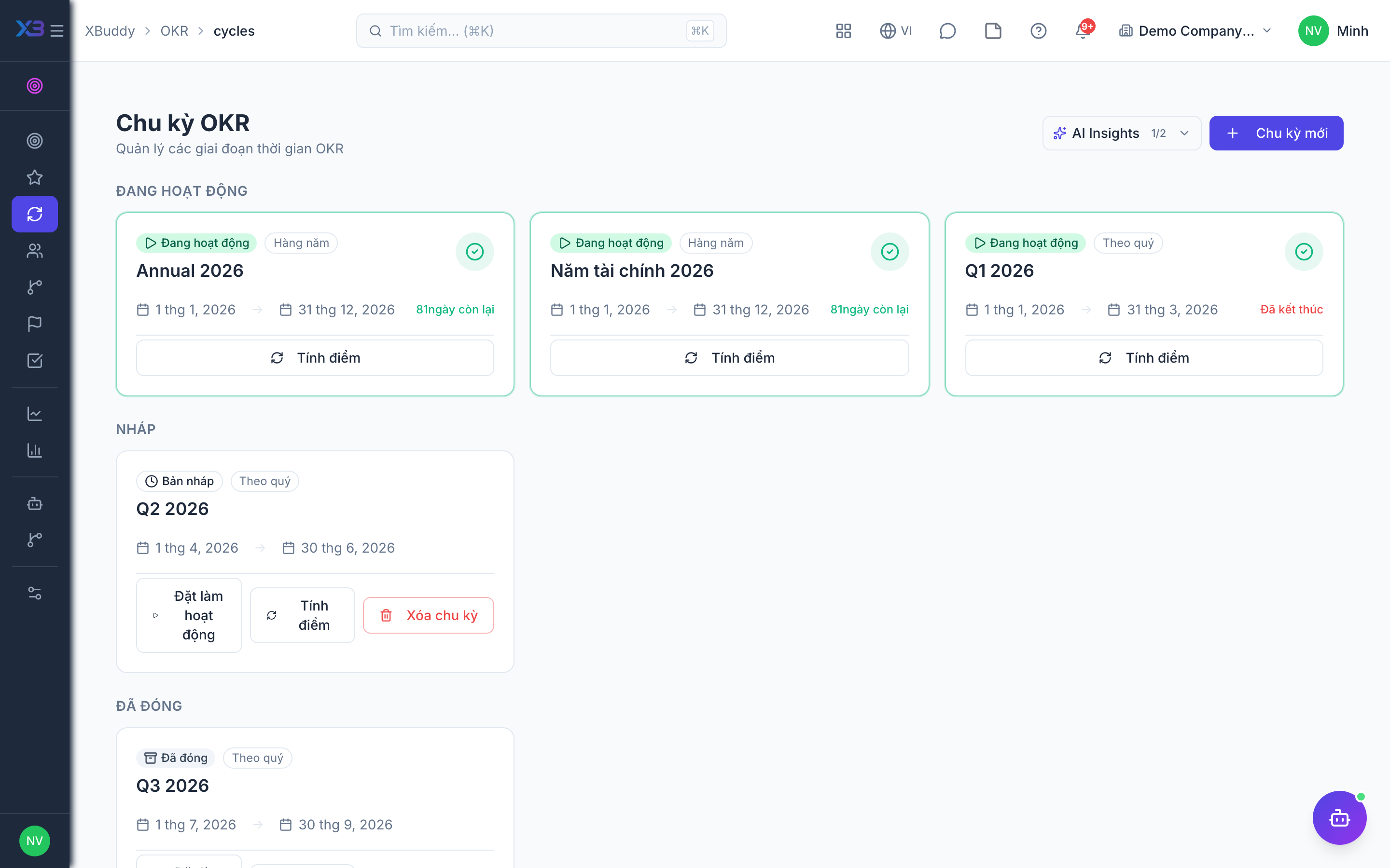OKR — Danh sách chu kỳ nháp, đang chạy và đã đóng