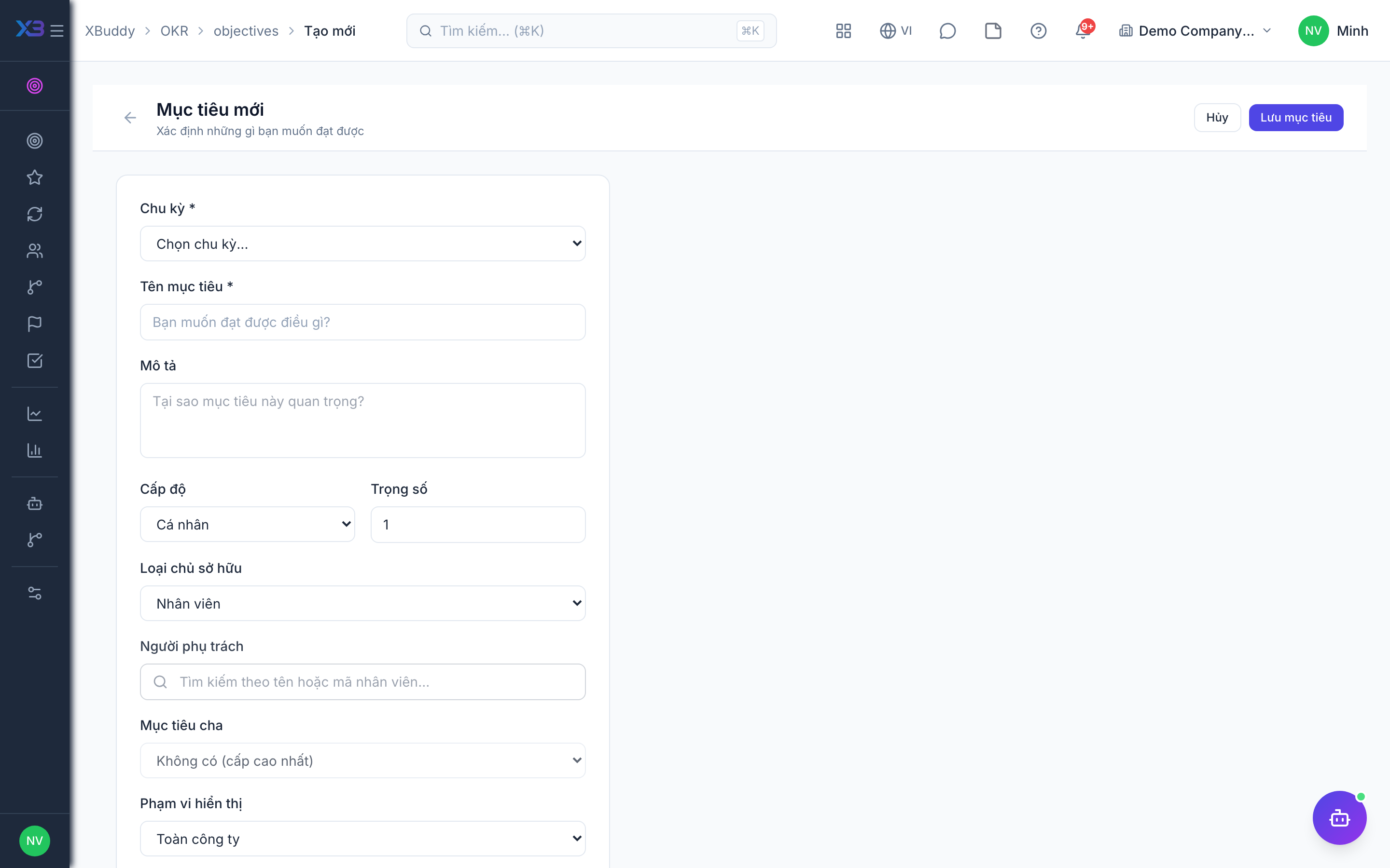 OKR — Biểu mẫu Objective mới với key result và cấp cha liên kết
