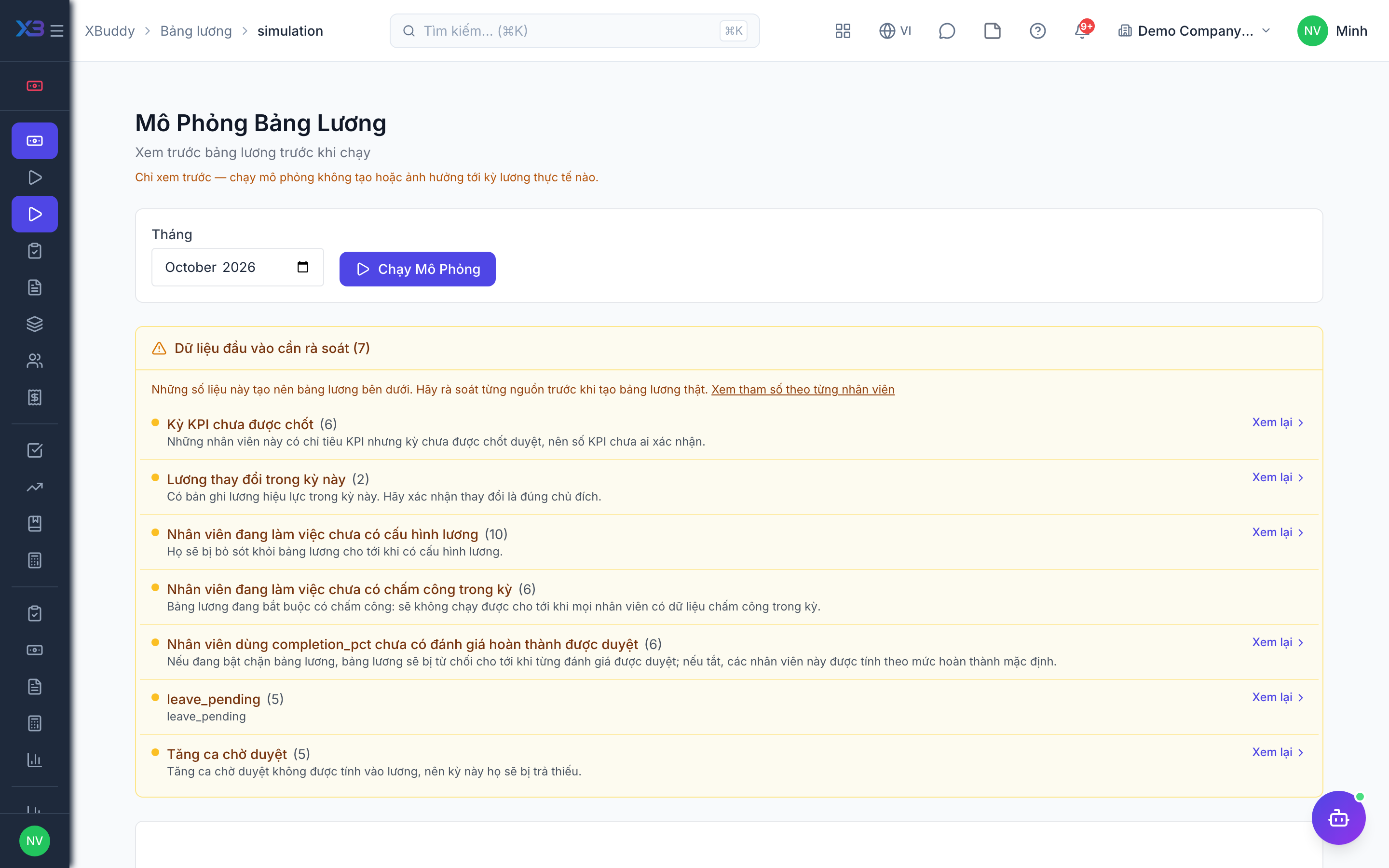 Bảng lương — Xem trước mô phỏng so sánh tổng gộp, TNCN, BHXH và thực nhận