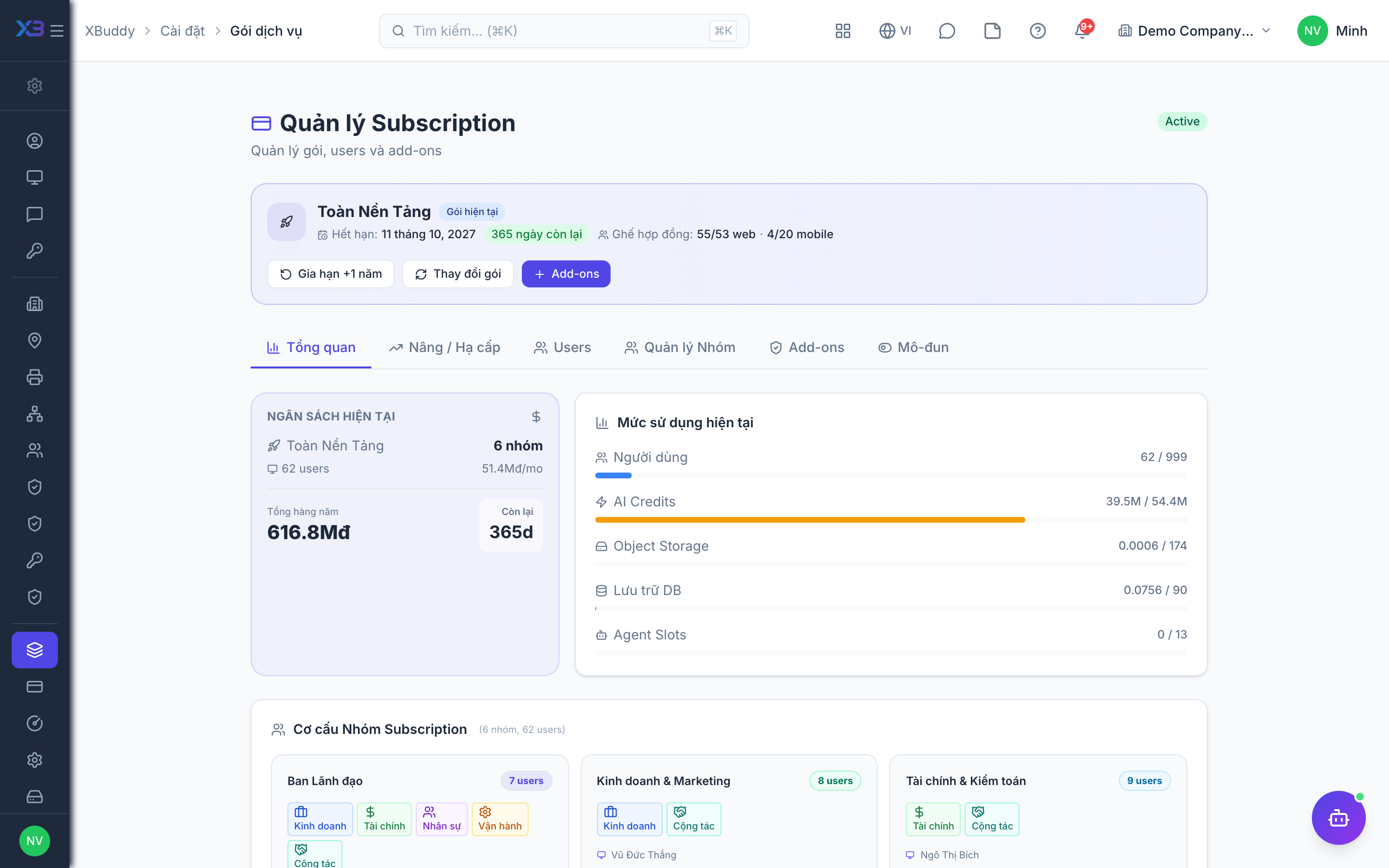 Settings — Subscription page showing active packs and add-ons