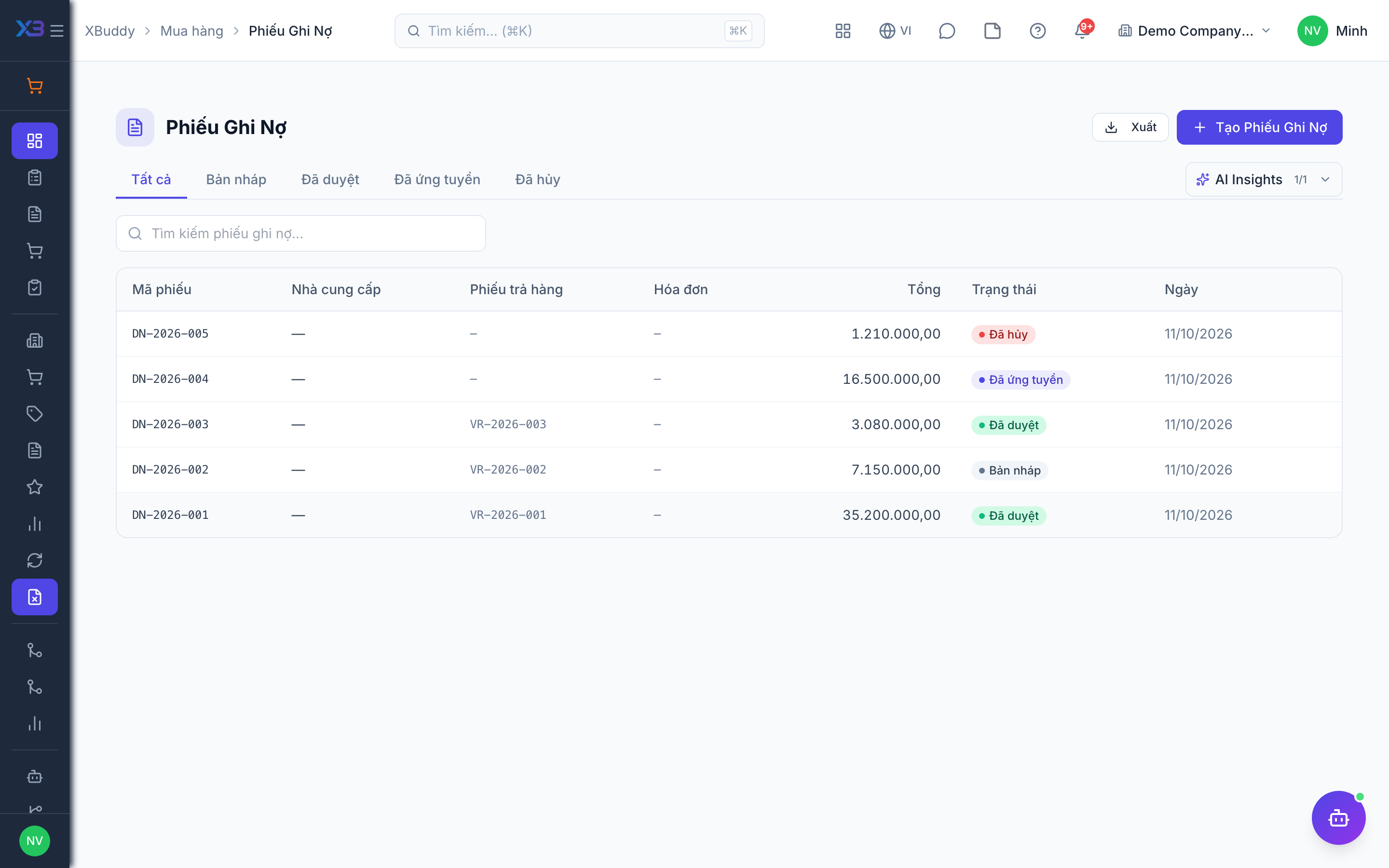 Procurement — Vendor returns and debit notes list