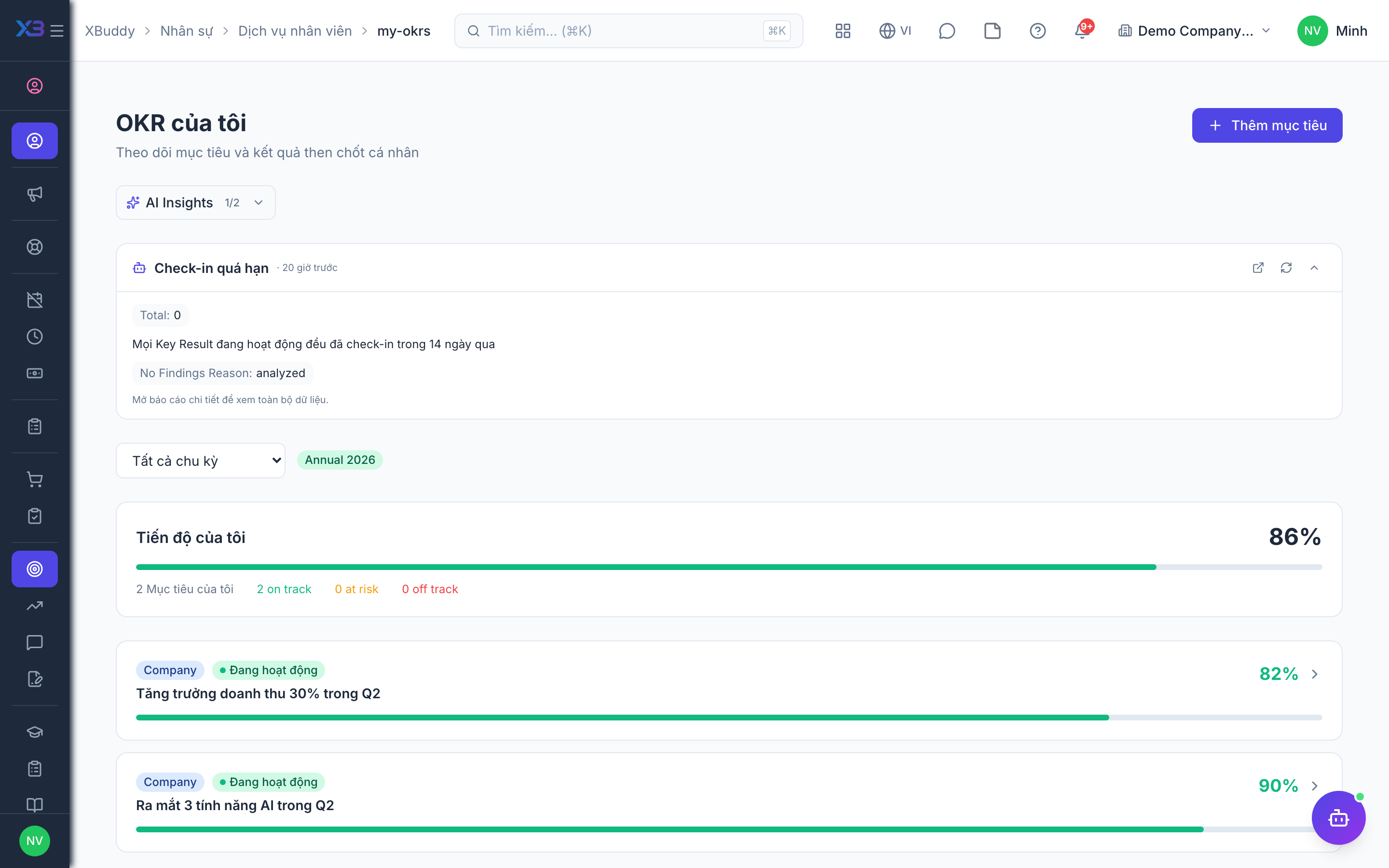 Tự phục vụ — OKR của tôi với tiến độ key result