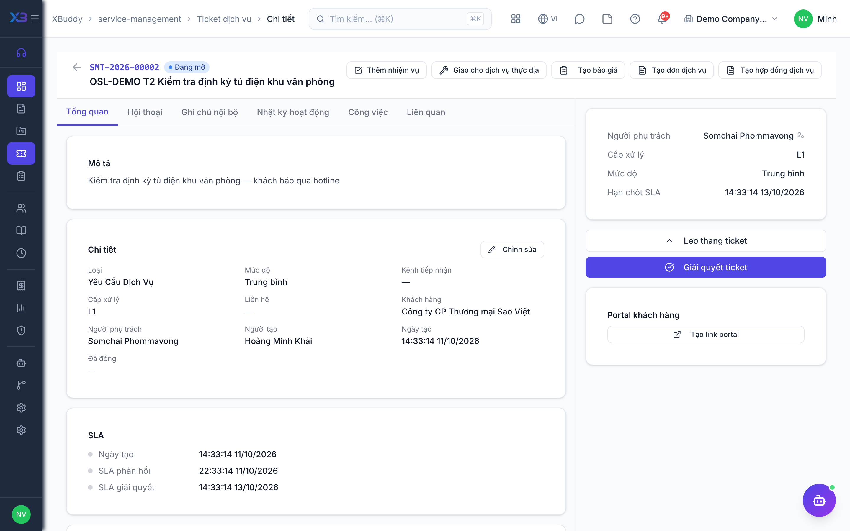 Quản lý dịch vụ — Chi tiết ticket với timeline hoạt động