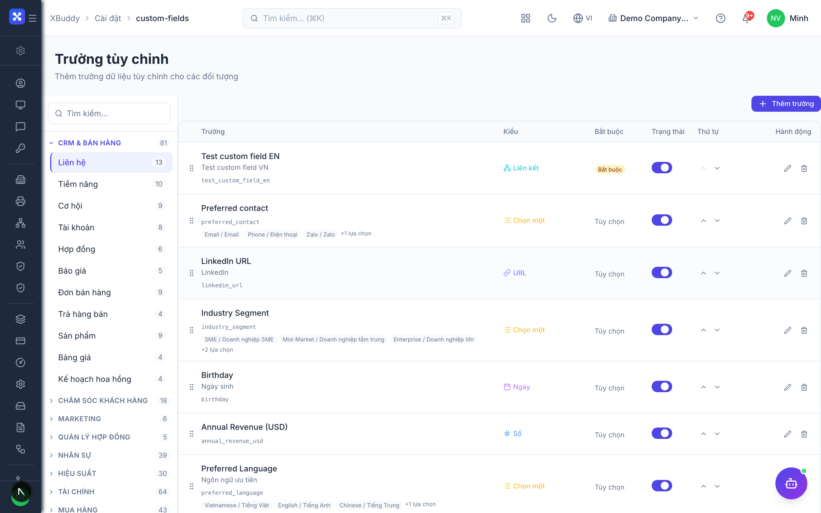 Settings — Custom Field editor showing type, validation, and bilingual labels