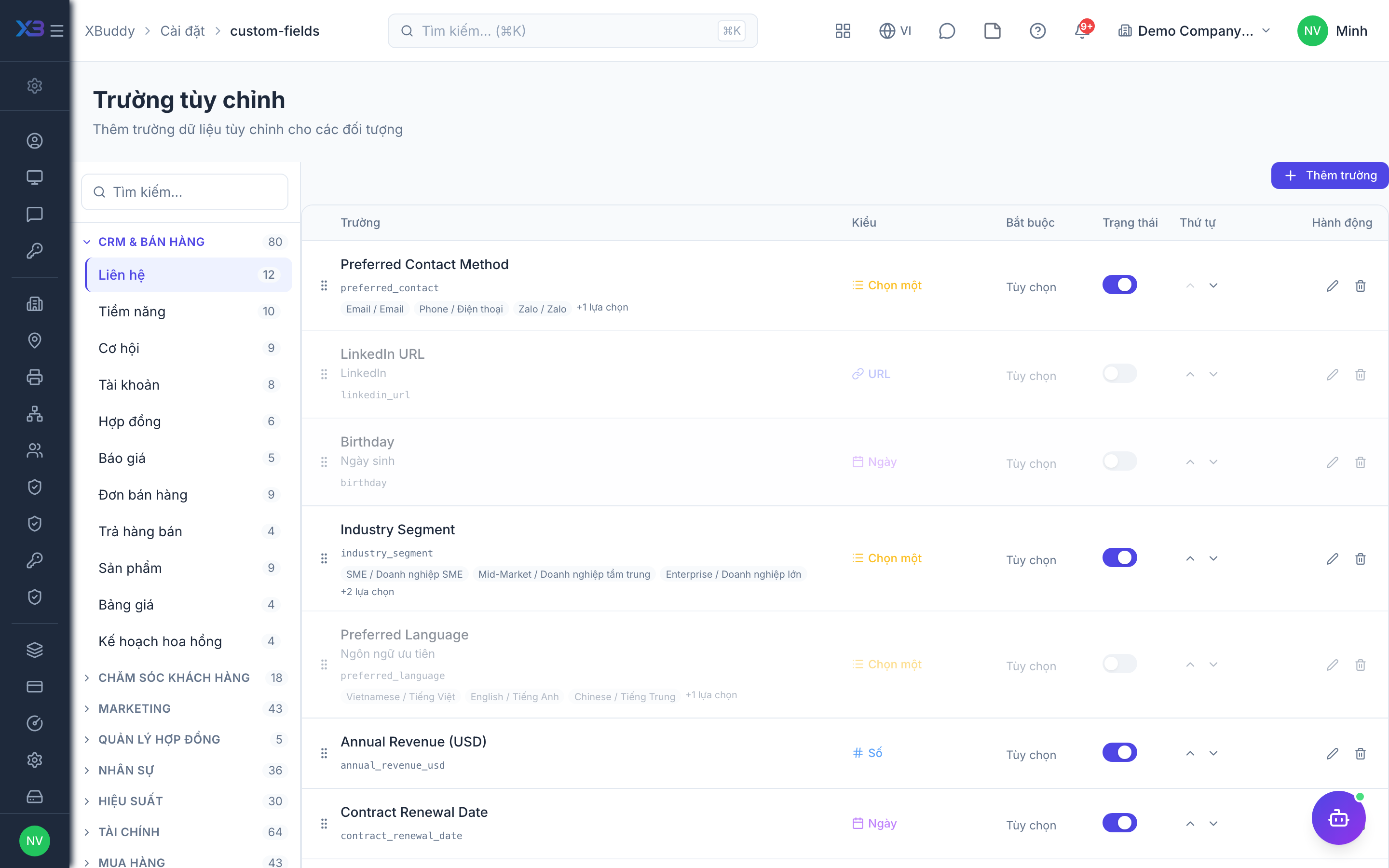 Settings — Custom Fields list grouped by entity type