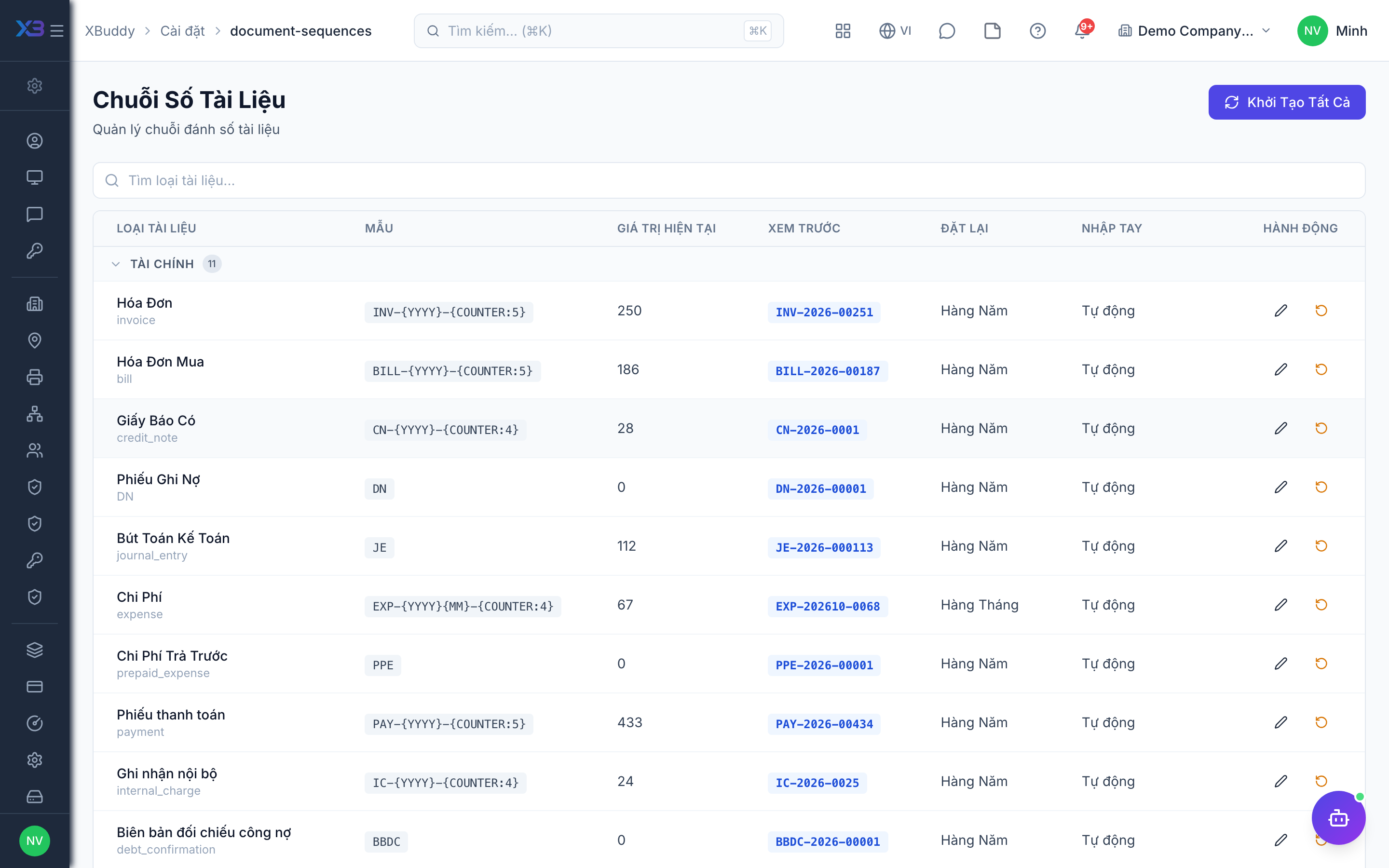 Settings — Document Sequences per document type
