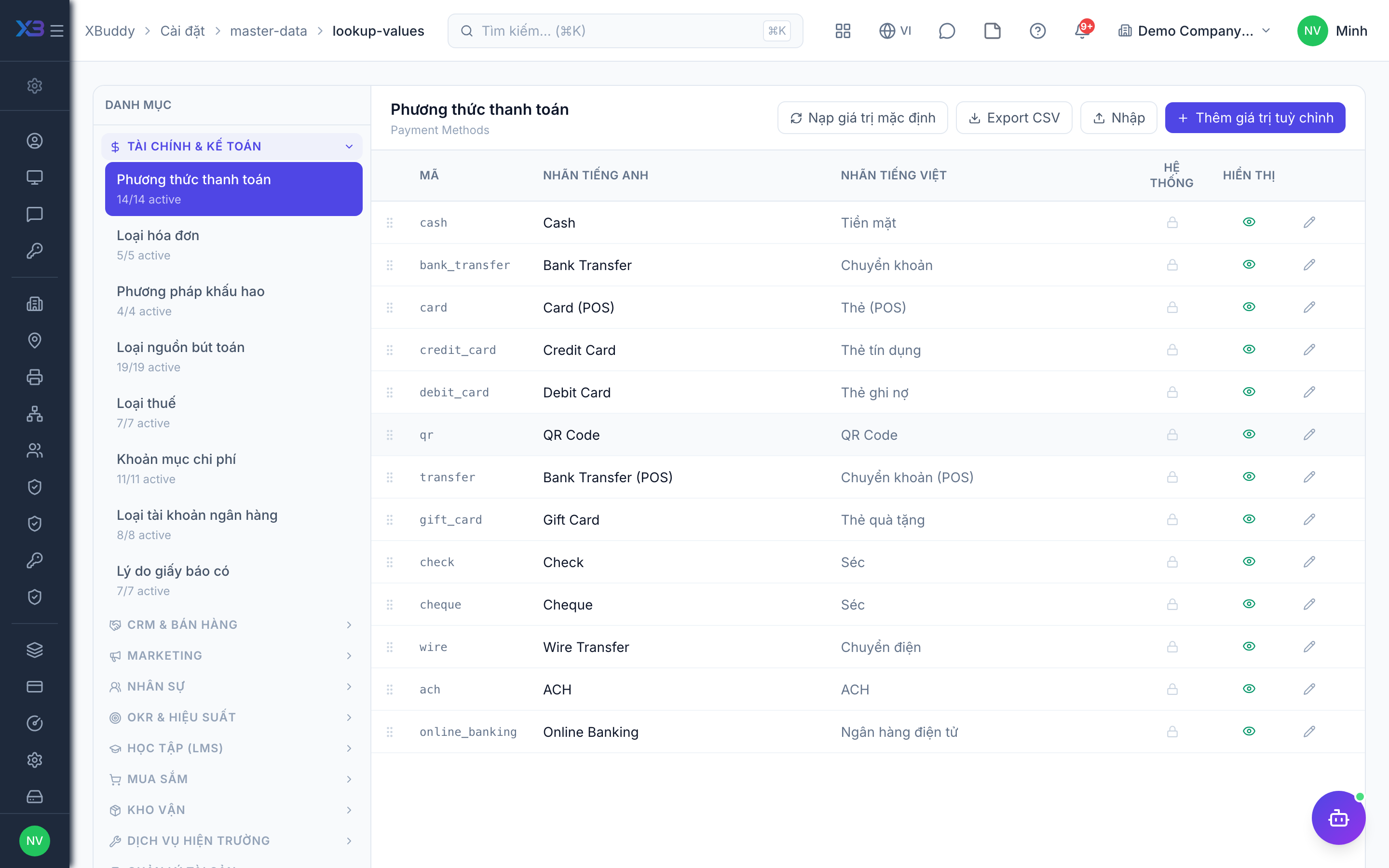 Settings — Lookup Values grouped by category