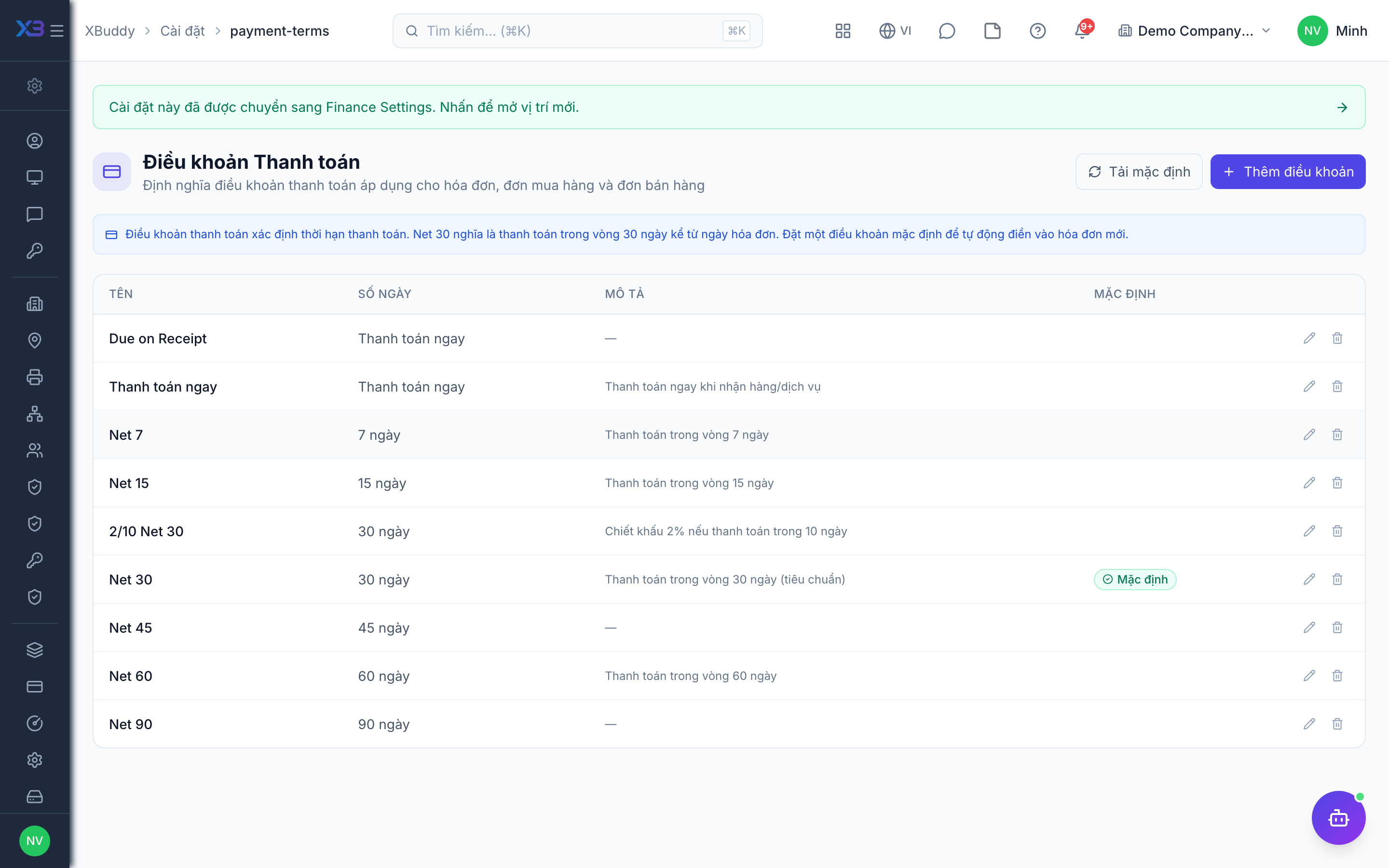 Settings — Payment Terms list