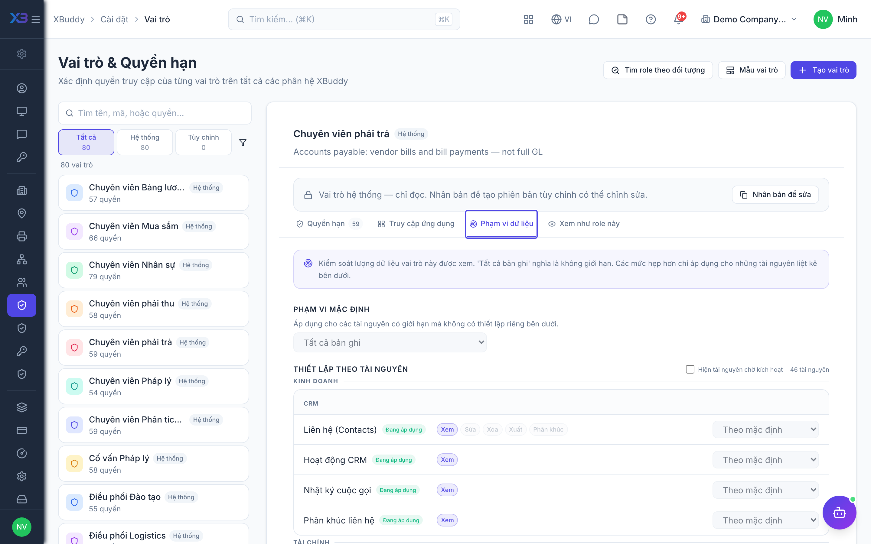 Settings — Data Scope tab selecting own/team/all/none per resource