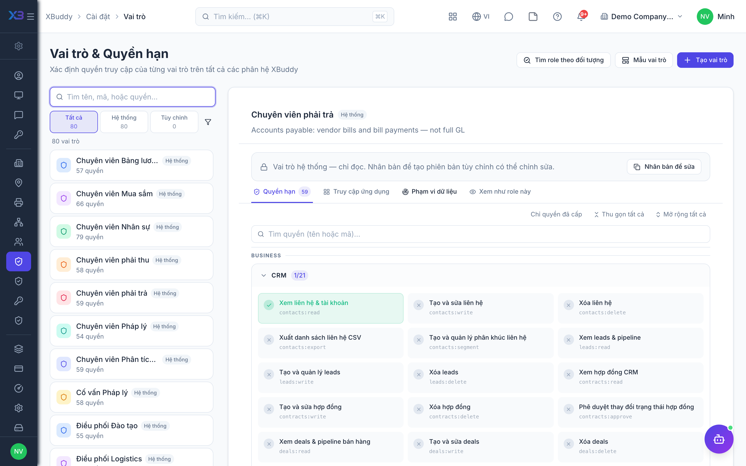 Settings — Roles list showing base and custom roles