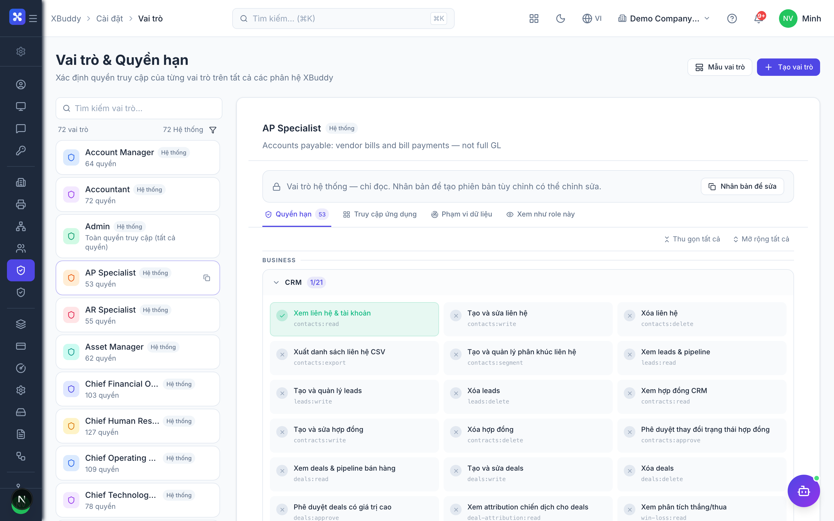 Settings — Role permission matrix with resource:action checkboxes