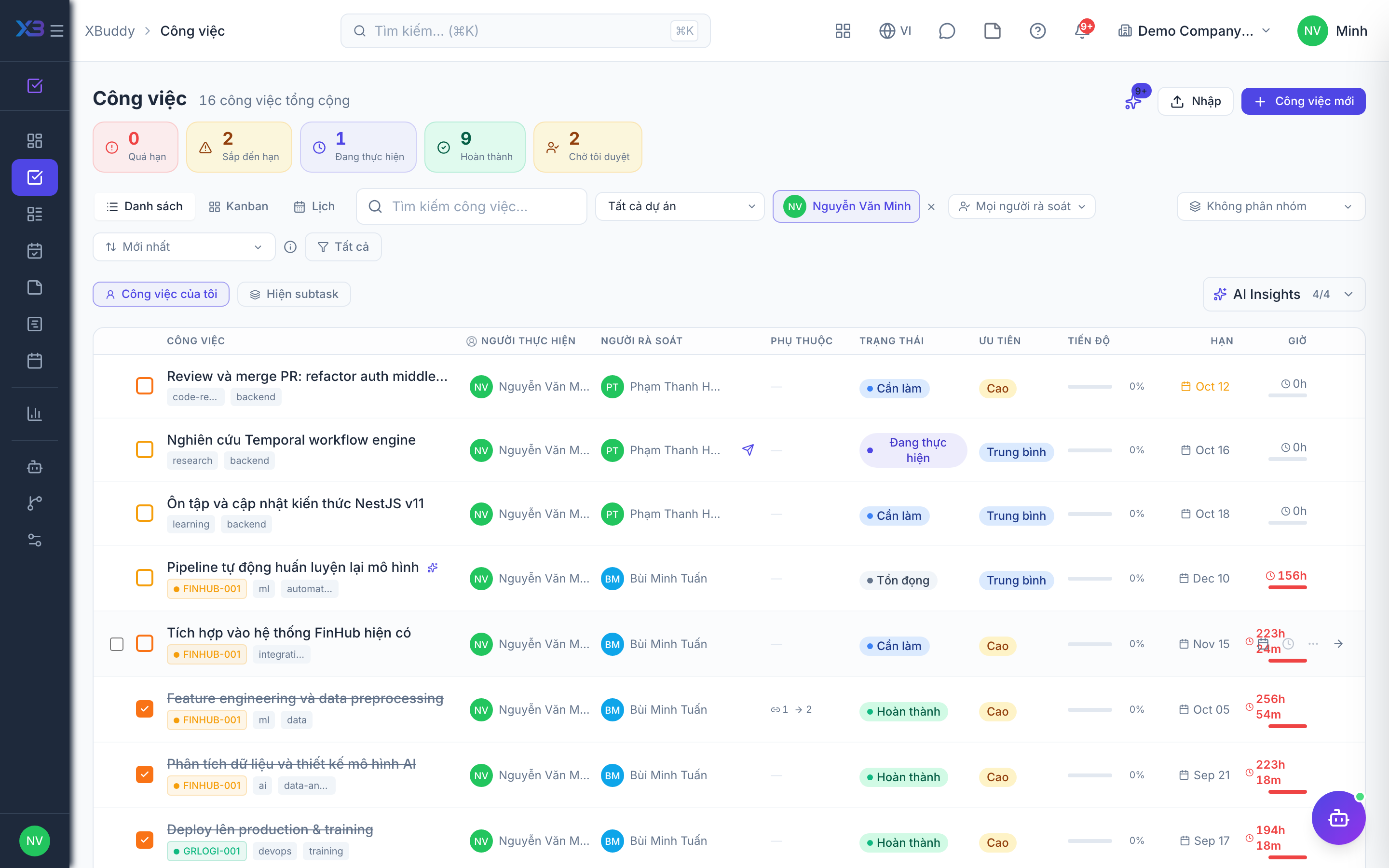 Tasks — bảng Kanban với các cột Cần làm, Đang làm, Hoàn thành