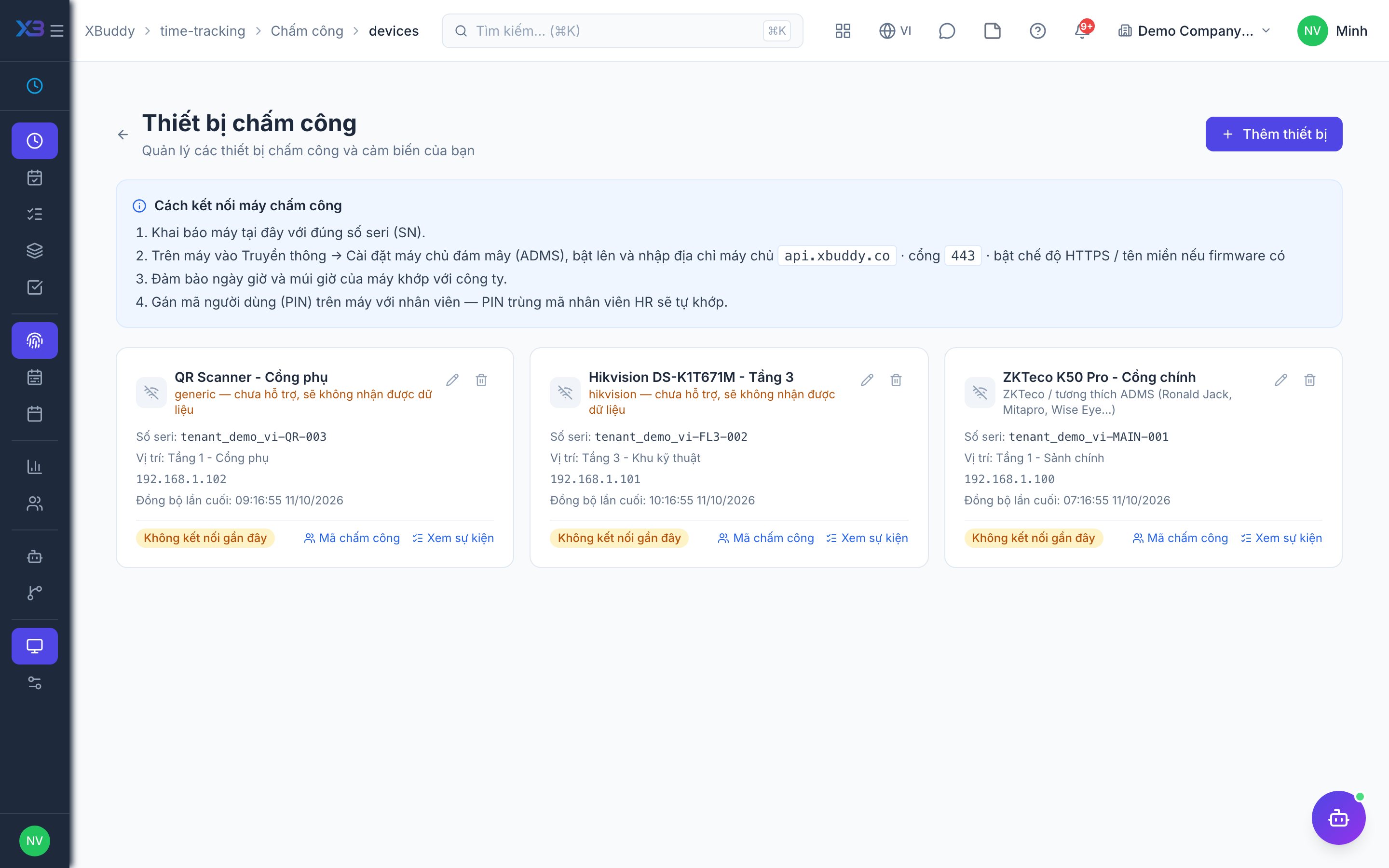Time Tracking — Registered attendance devices with serial numbers