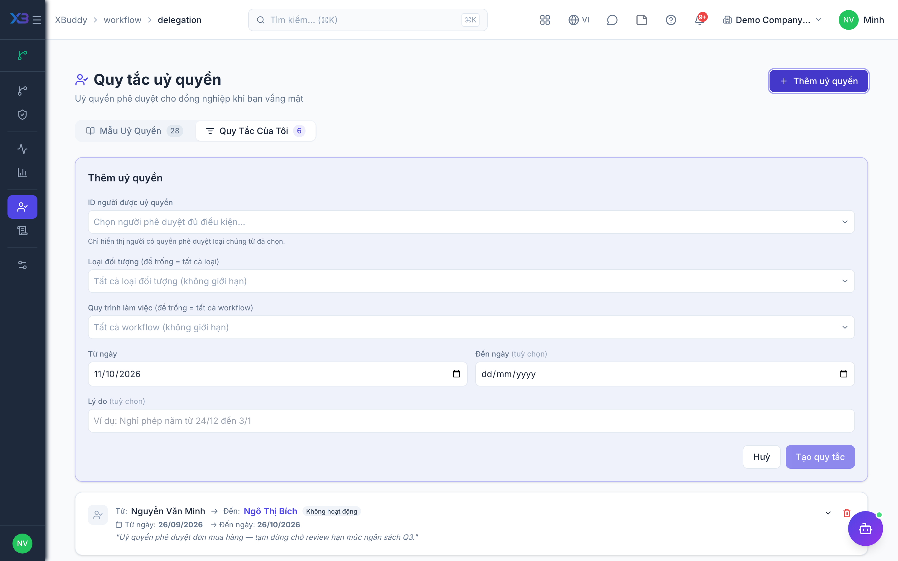 Workflow Management — delegation editor with date range and optional conditions