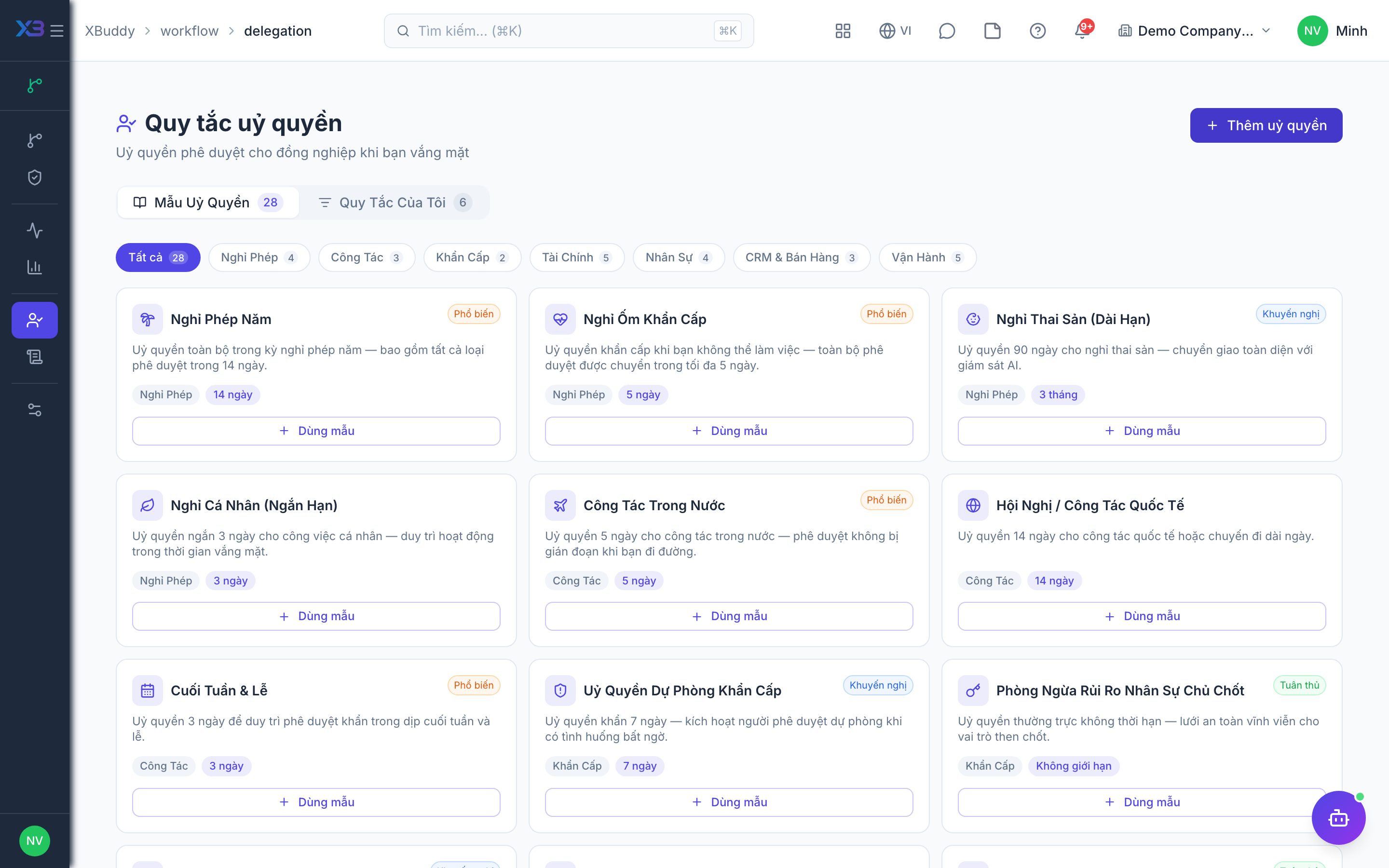 Workflow Management — active delegation rules with delegator, delegate and date range
