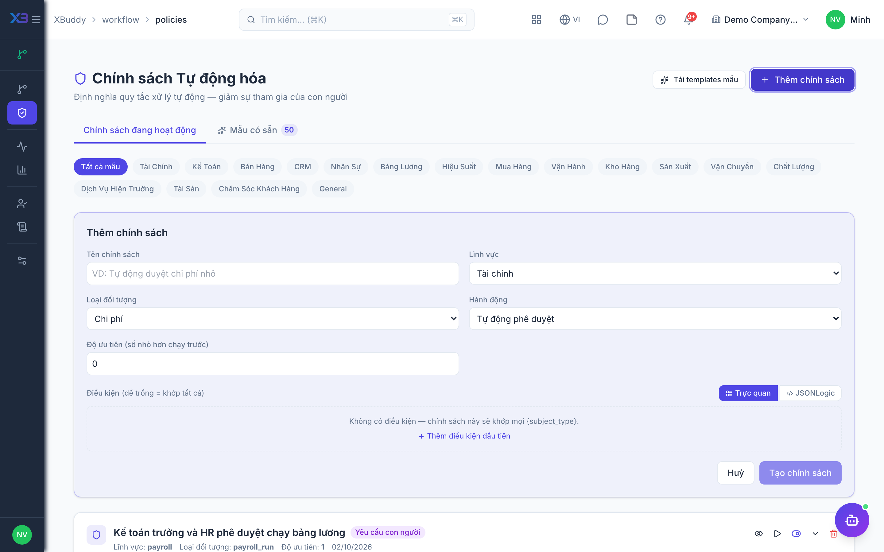 Workflow Management — policies list with thresholds and subject types