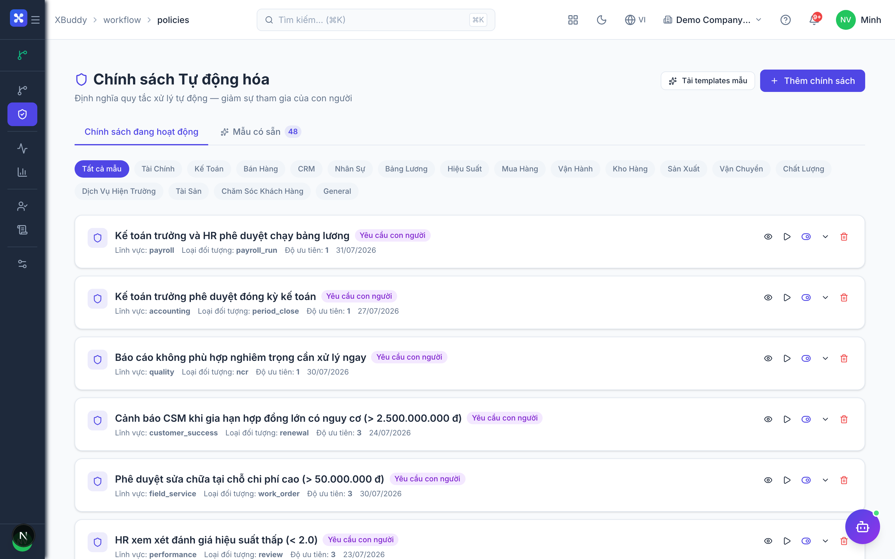 Workflow Management — policy editor showing subject type, threshold and outcome